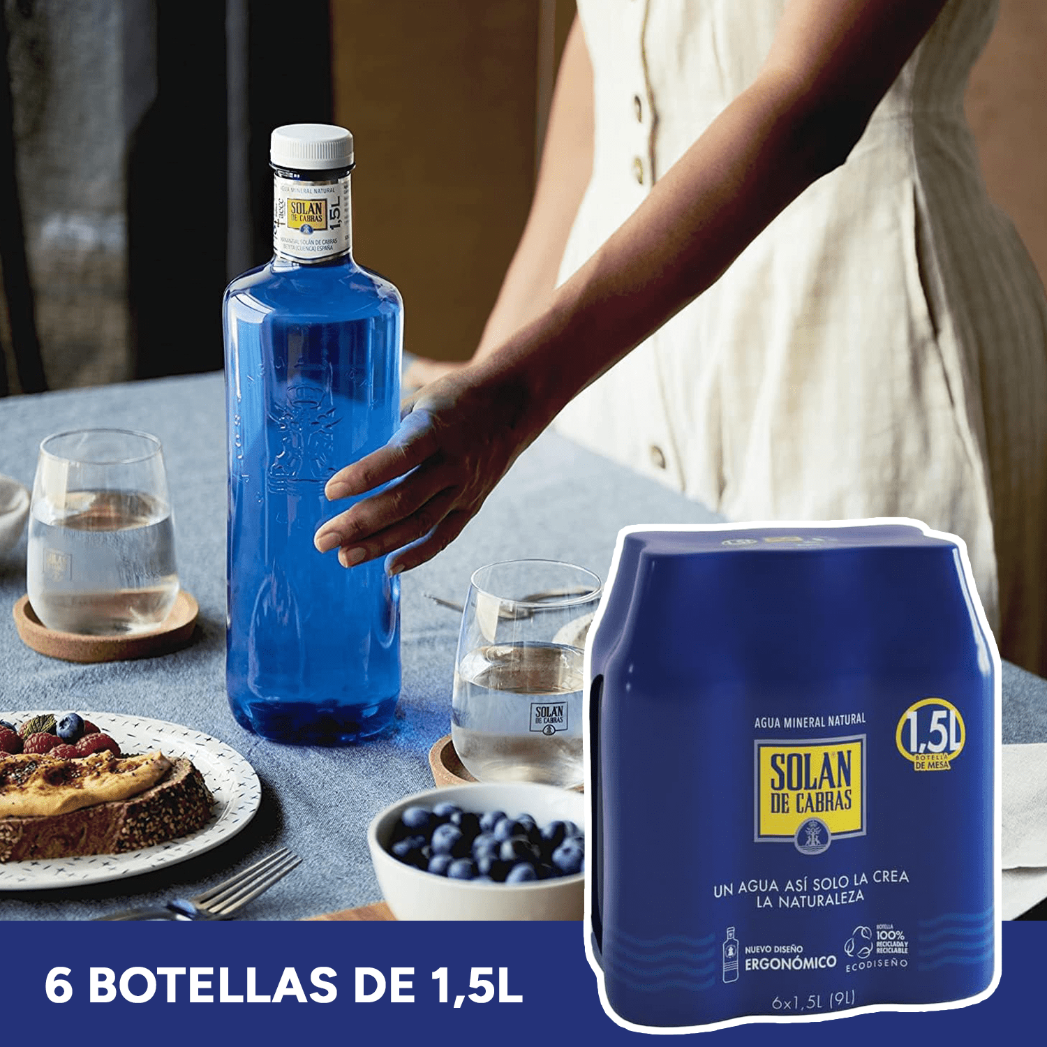 SOLAN DE CABRAS Agua Mineral Natural sin Gas con una destacada Composición Mineral, Máxima Calidad de Agua, Ideal para Hidratarte en Cualquier Situación, 6 Botellas de 1,5L