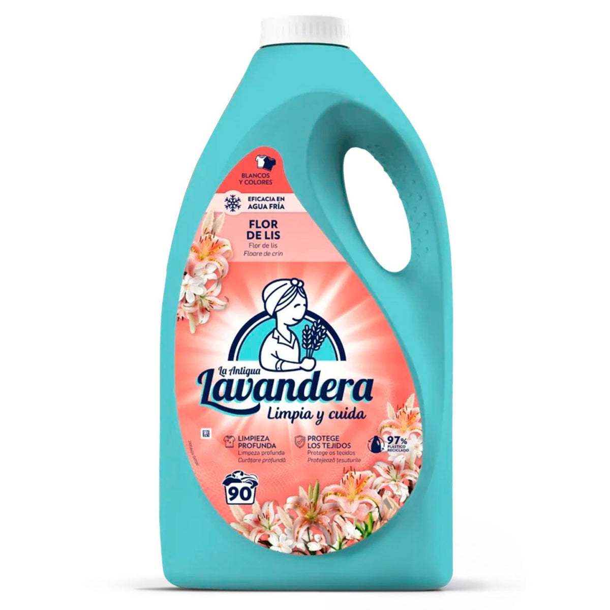 La Antigua Lavandera Detergente Líquido Flor de Lis, para Lavado y Cuidado de la Ropa, Ayuda a Mantener los Colores y la Suavidad con Fresco Aroma Floral, 90 Lavados