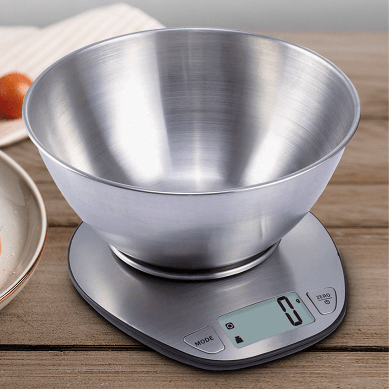Bascula Cocina con Capacidad de hasta 5Kg, Sensor de Alta Precisión, Unidades de Medida: Gr, Oz y Lb, Indicador de Volumen, Unidades de Volumen: Ml, Fl y Oz, Indicador de Batería Baja y Sobrecarga, Funciona con 2 Pilas AAA, Apagado Automático