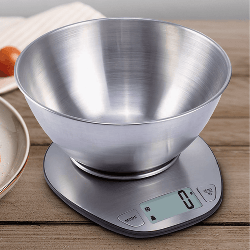 Bascula Cocina con Capacidad de hasta 5Kg, Sensor de Alta Precisión, Unidades de Medida: Gr, Oz y Lb, Indicador de Volumen, Unidades de Volumen: Ml, Fl y Oz, Indicador de Batería Baja y Sobrecarga, Funciona con 2 Pilas AAA, Apagado Automático