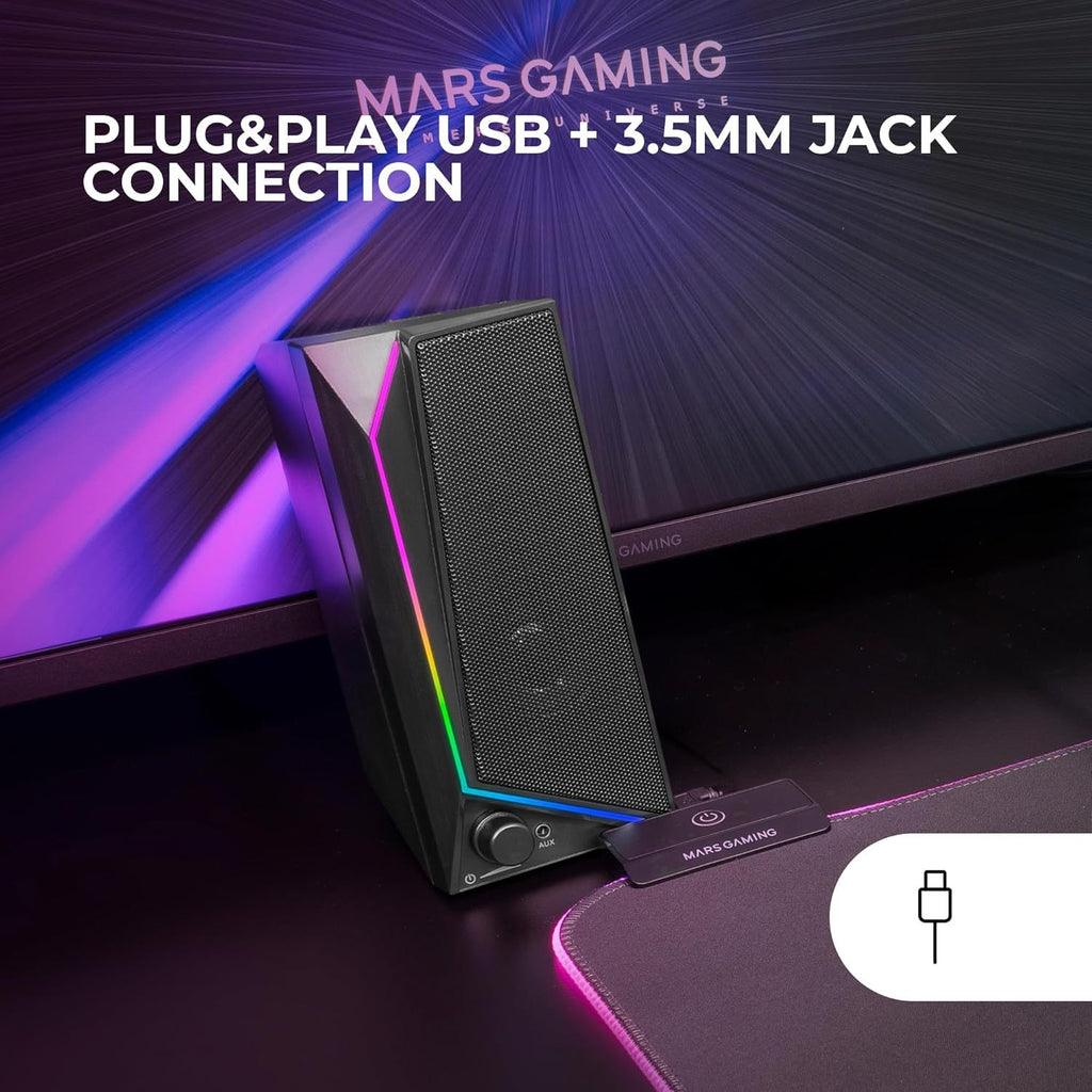Mars Gaming MS72, Altavoces Gaming 15W, Iluminación RGB Flow, 2 Drivers Activos, Chipset DSP, Conexión Plug&Play USB y Jack 3.5mm, Rueda Control de Volumen y Puerto de Audio para Auriculares, Negro