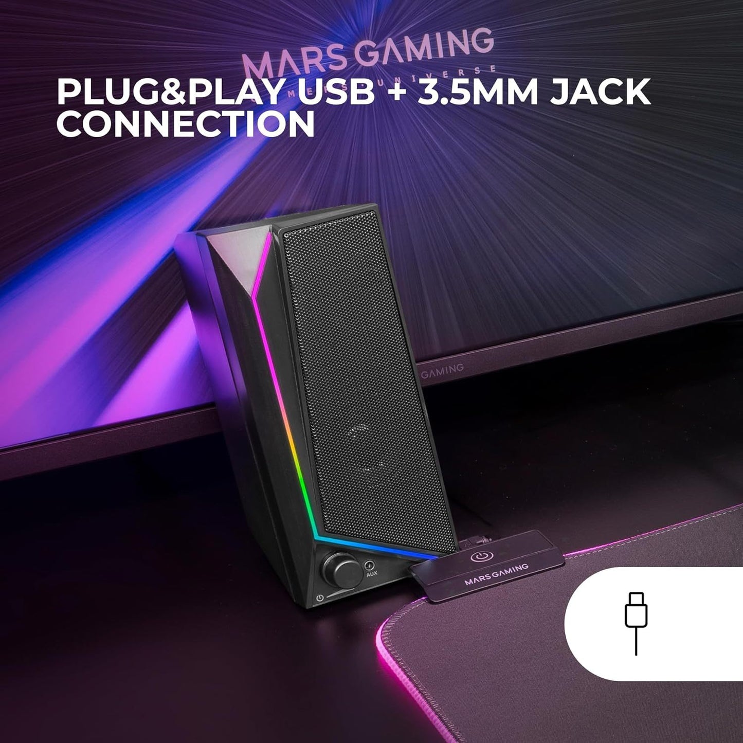 Mars Gaming MS72, Altavoces Gaming 15W, Iluminación RGB Flow, 2 Drivers Activos, Chipset DSP, Conexión Plug&Play USB y Jack 3.5mm, Rueda Control de Volumen y Puerto de Audio para Auriculares, Negro