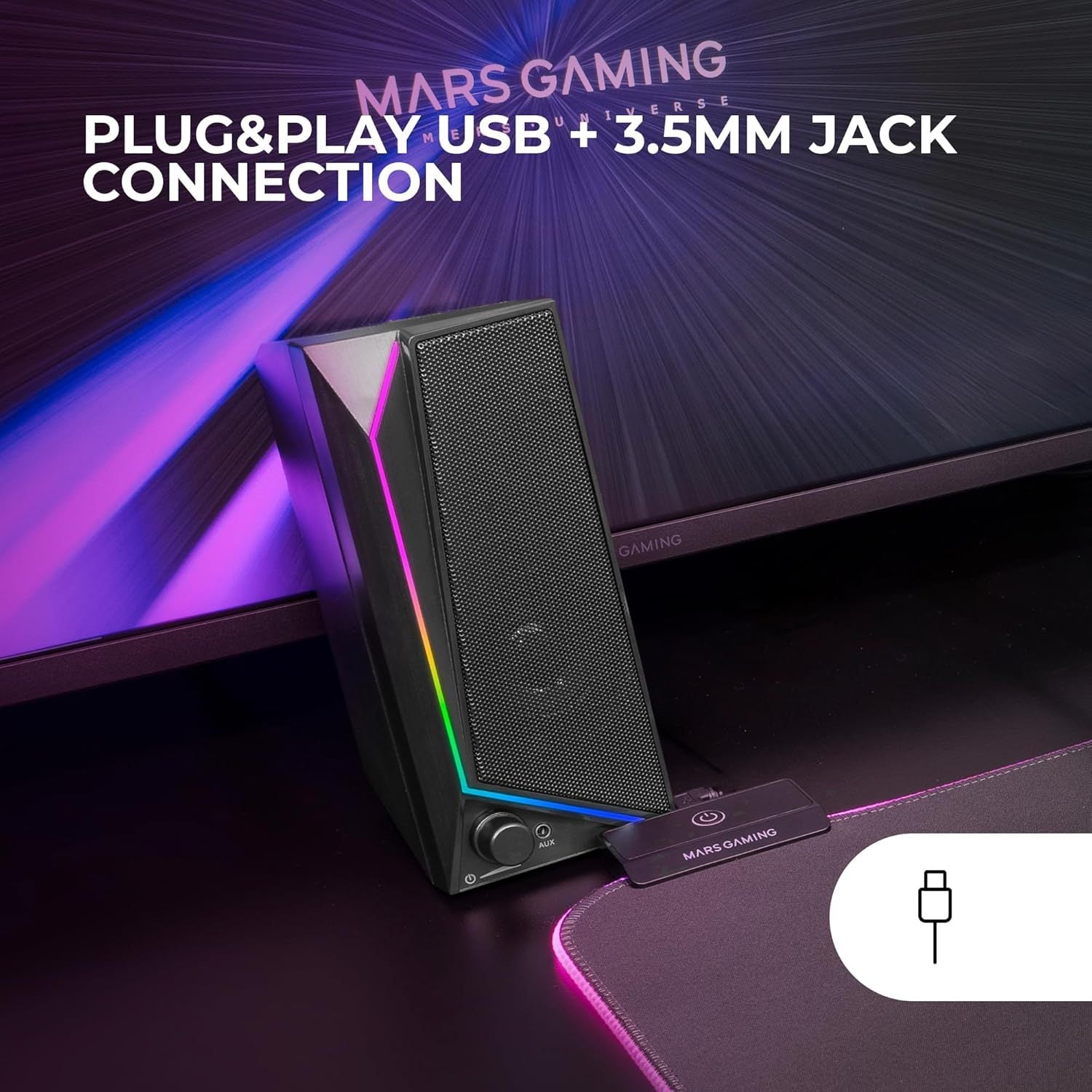 Mars Gaming MS72, Altavoces Gaming 15W, Iluminación RGB Flow, 2 Drivers Activos, Chipset DSP, Conexión Plug&Play USB y Jack 3.5mm, Rueda Control de Volumen y Puerto de Audio para Auriculares, Negro