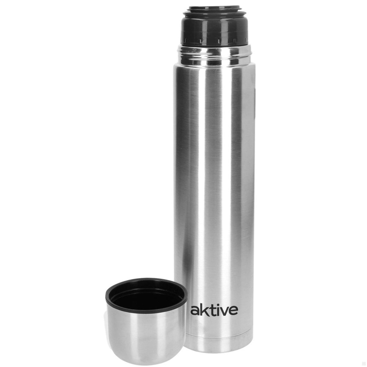 AKTIVE Botella de Agua Térmica de Acero Inoxidable con Doble Aislamiento, Mantiene Bebidas Calientes por 12 Horas o Frías por hasta 24 Horas, Tapa Antifugas, Capacidad de 1L, Plateado