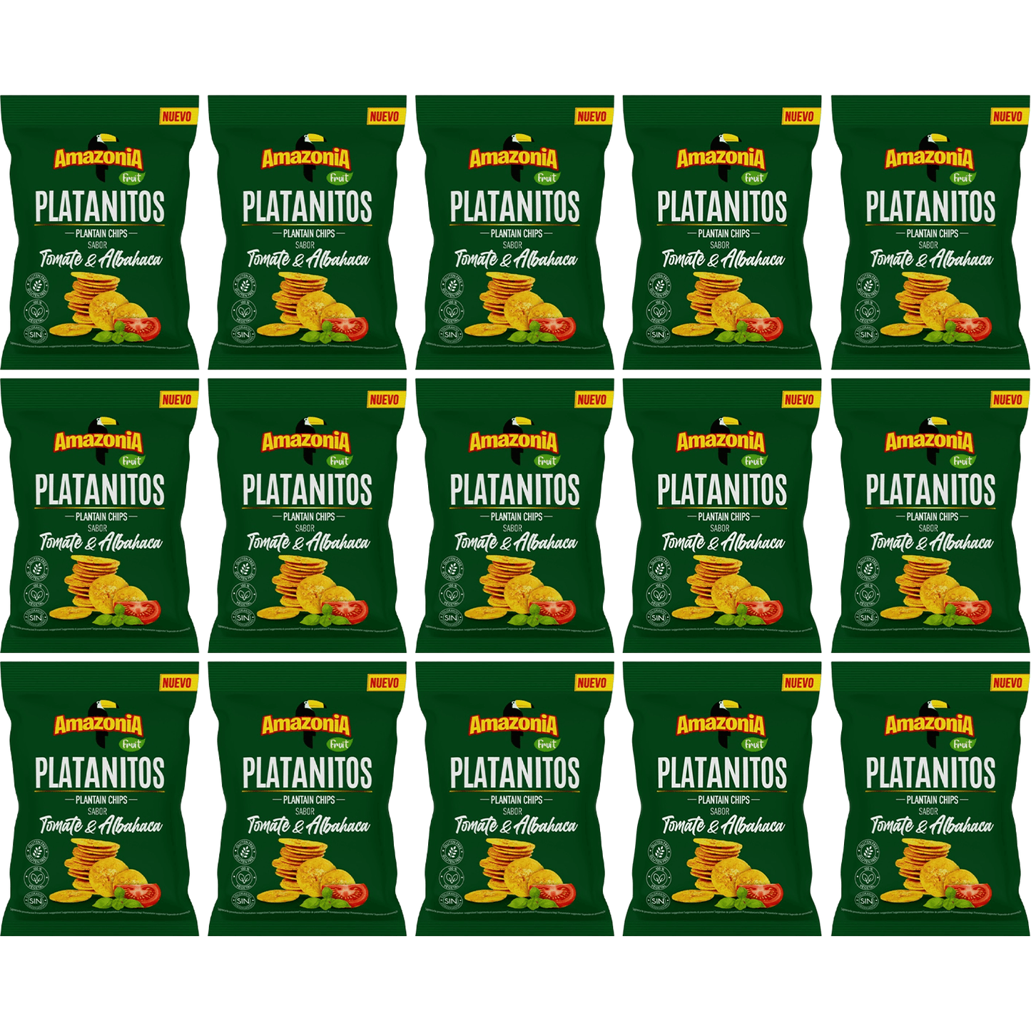 Amazonia Platanitos Sabor Tomate y Albahaca, Chips de Platano Sin GLuten, Sin Colorantes ni Conservantes, 75g cada Paquete