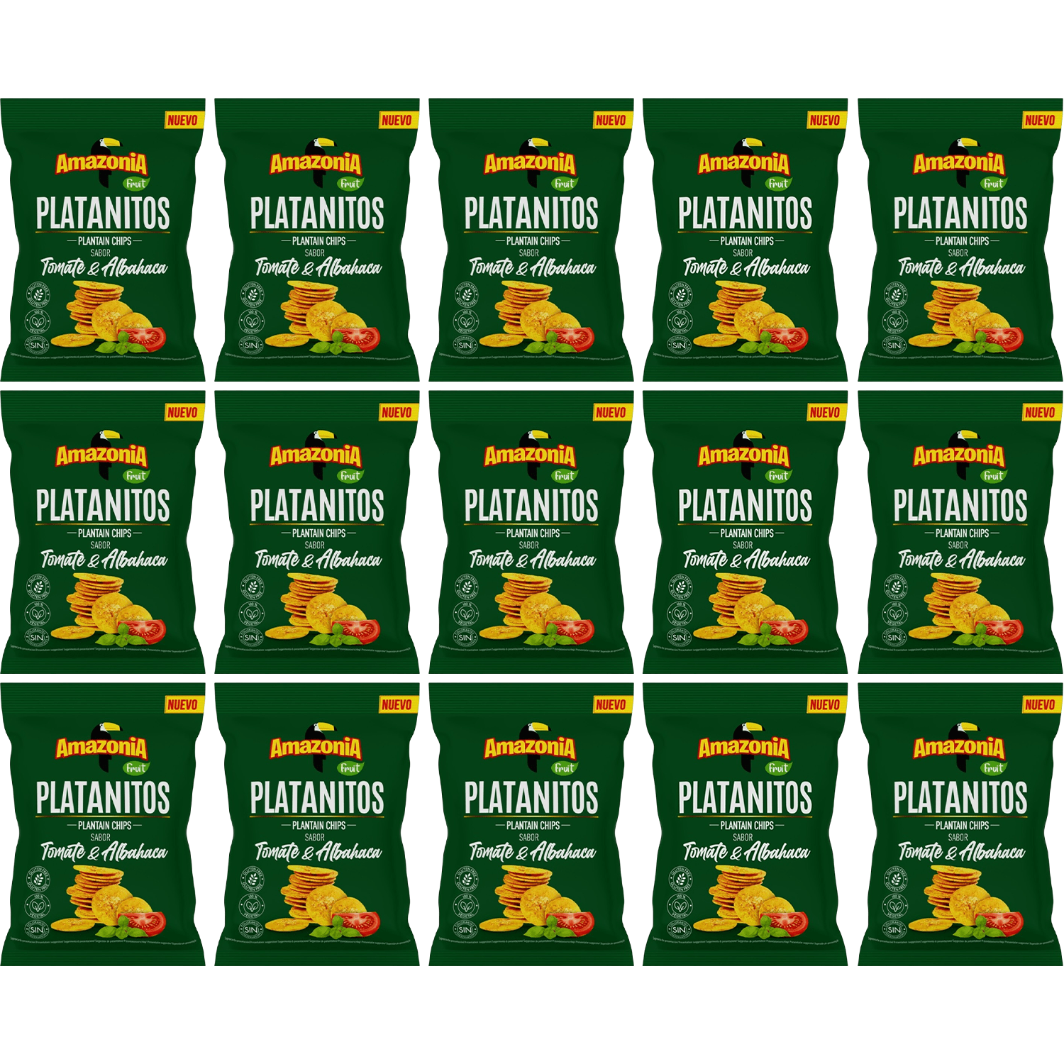 Amazonia Platanitos Sabor Tomate y Albahaca, Chips de Platano Sin GLuten, Sin Colorantes ni Conservantes, 75g cada Paquete