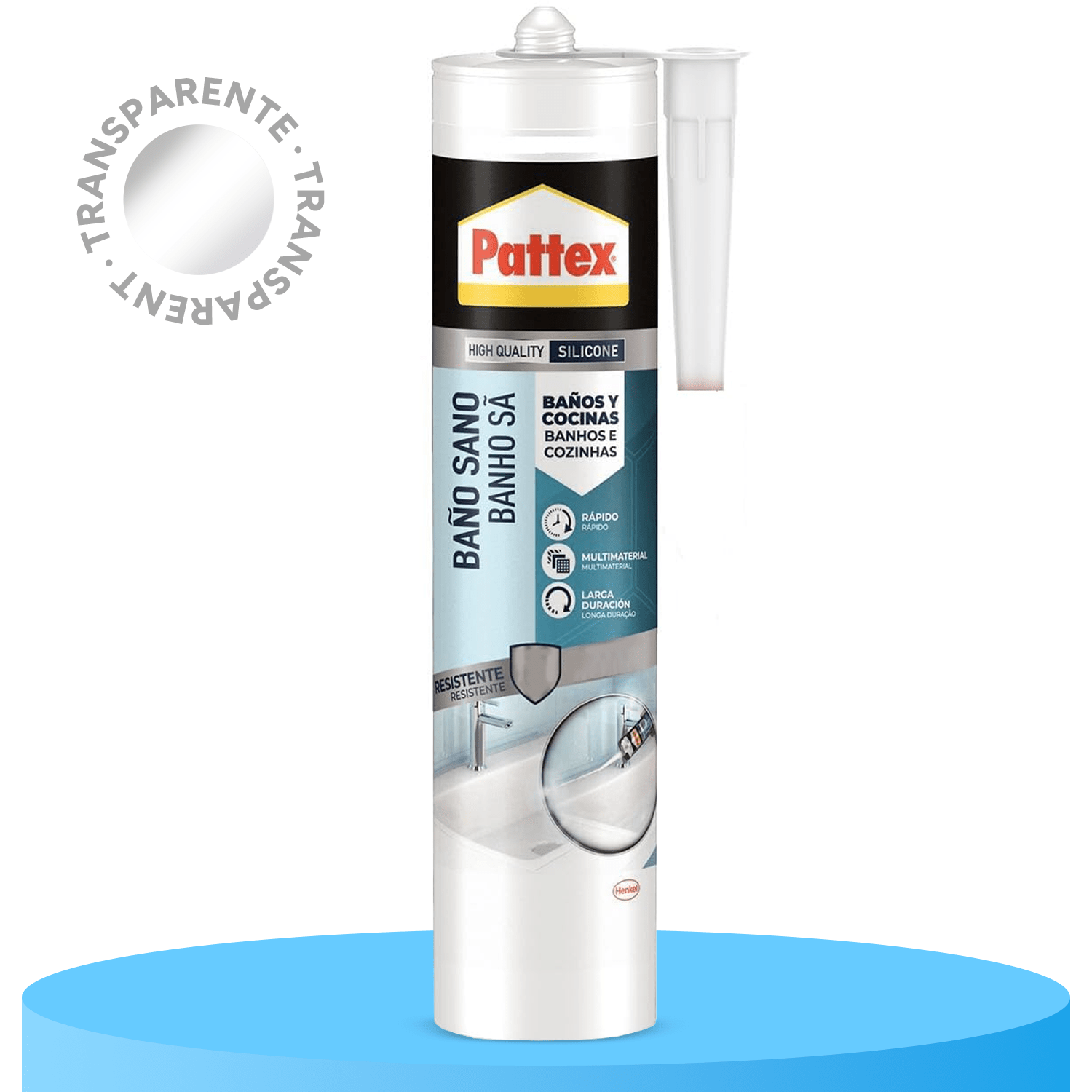 Pattex Silicona Baños y Cocinas, Resistente al Agua, Color Transparente, Secado Rápido, Multimaterial, Larga Duración, 280g