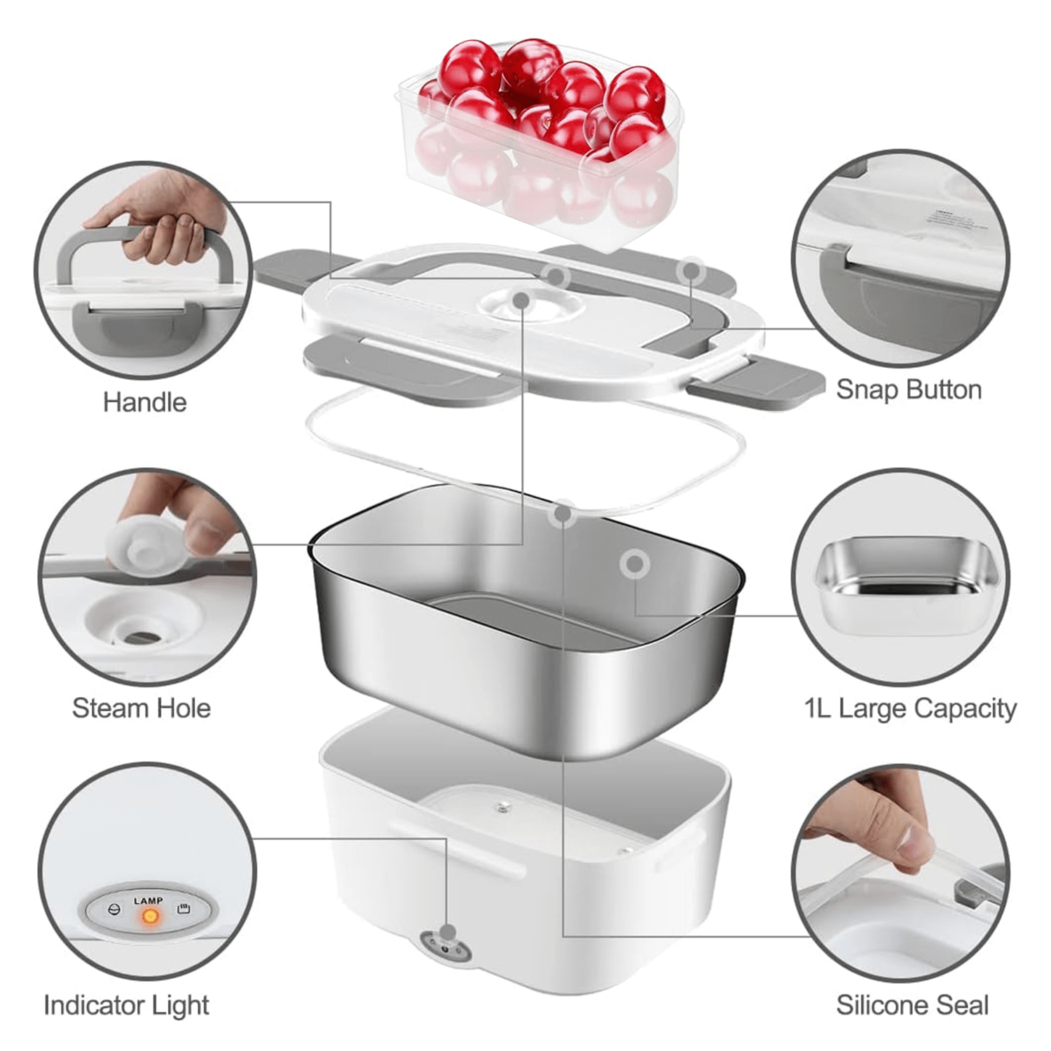 Caja Termica Portatil con 2 Compartimentos Extraibles y Bolsa Térmica, Lonchera Electrica con Asa de Transporte, 1L de Capacidad, Calienta en Pocos Minutos, Enchufe para Casa y Coche Incluido, Espacio para Cubiertos con Cuchara Incluida, Fácil Limpieza
