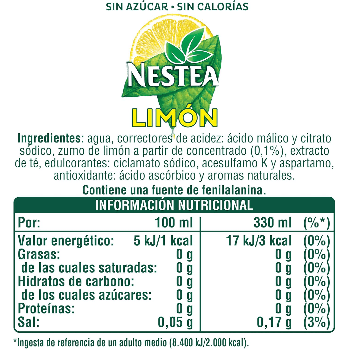 Nestea Té Negro Limón Sin Azúcar, Refresco de Té Negro con Sabor a Limón, Pack de 24 Latas de 330ml