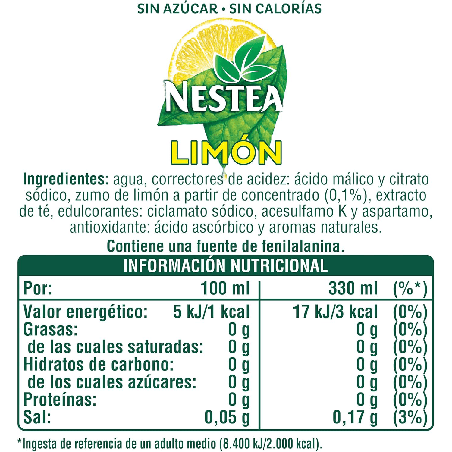 Nestea Té Negro Limón Sin Azúcar, Refresco de Té Negro con Sabor a Limón, Pack de 24 Latas de 330ml