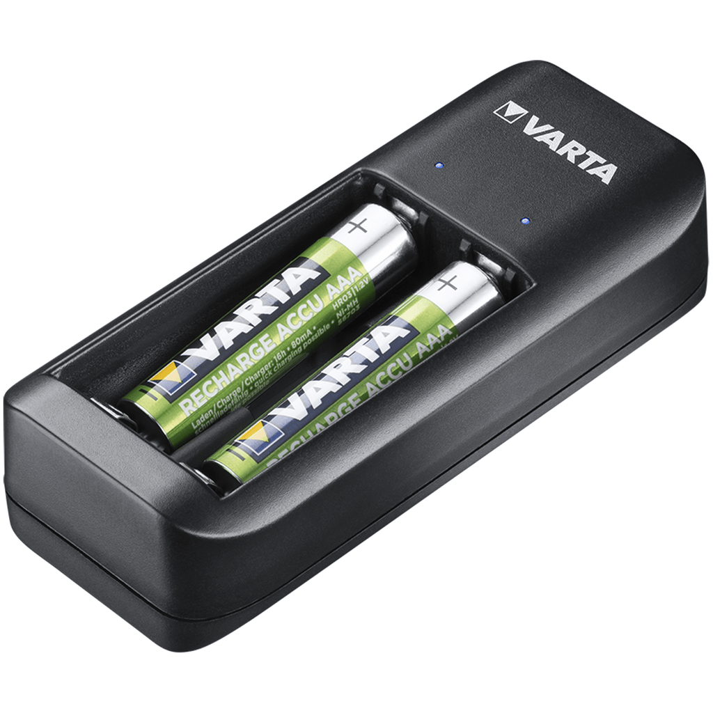 VARTA Cargador Pilas Recargables AA y AAA, Carga Hasta 2 Pilas Simultáneamente, Incluye 2 Pilas Recargables AAA de 800mAh, Tamaño Compacto Fácil de Llevar o Guardar