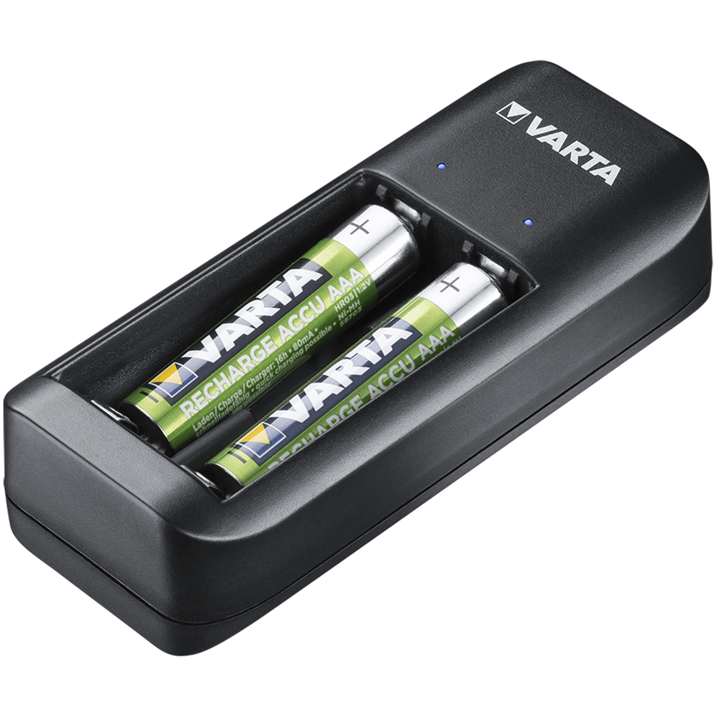 VARTA Cargador Pilas Recargables AA y AAA, Carga Hasta 2 Pilas Simultáneamente, Incluye 2 Pilas Recargables AAA de 800mAh, Tamaño Compacto Fácil de Llevar o Guardar