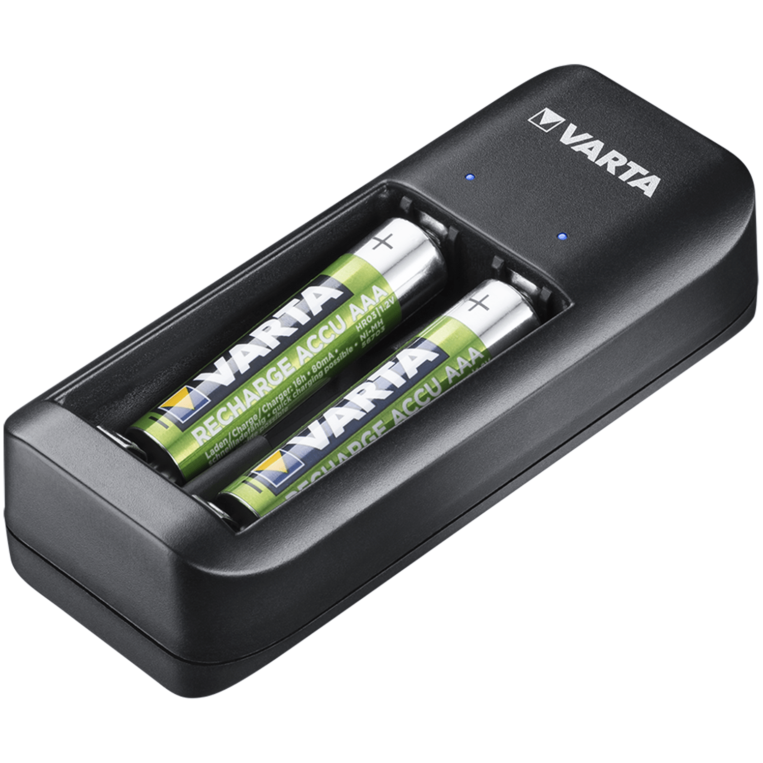 VARTA Cargador Pilas Recargables AA y AAA, Carga Hasta 2 Pilas Simultáneamente, Incluye 2 Pilas Recargables AAA de 800mAh, Tamaño Compacto Fácil de Llevar o Guardar