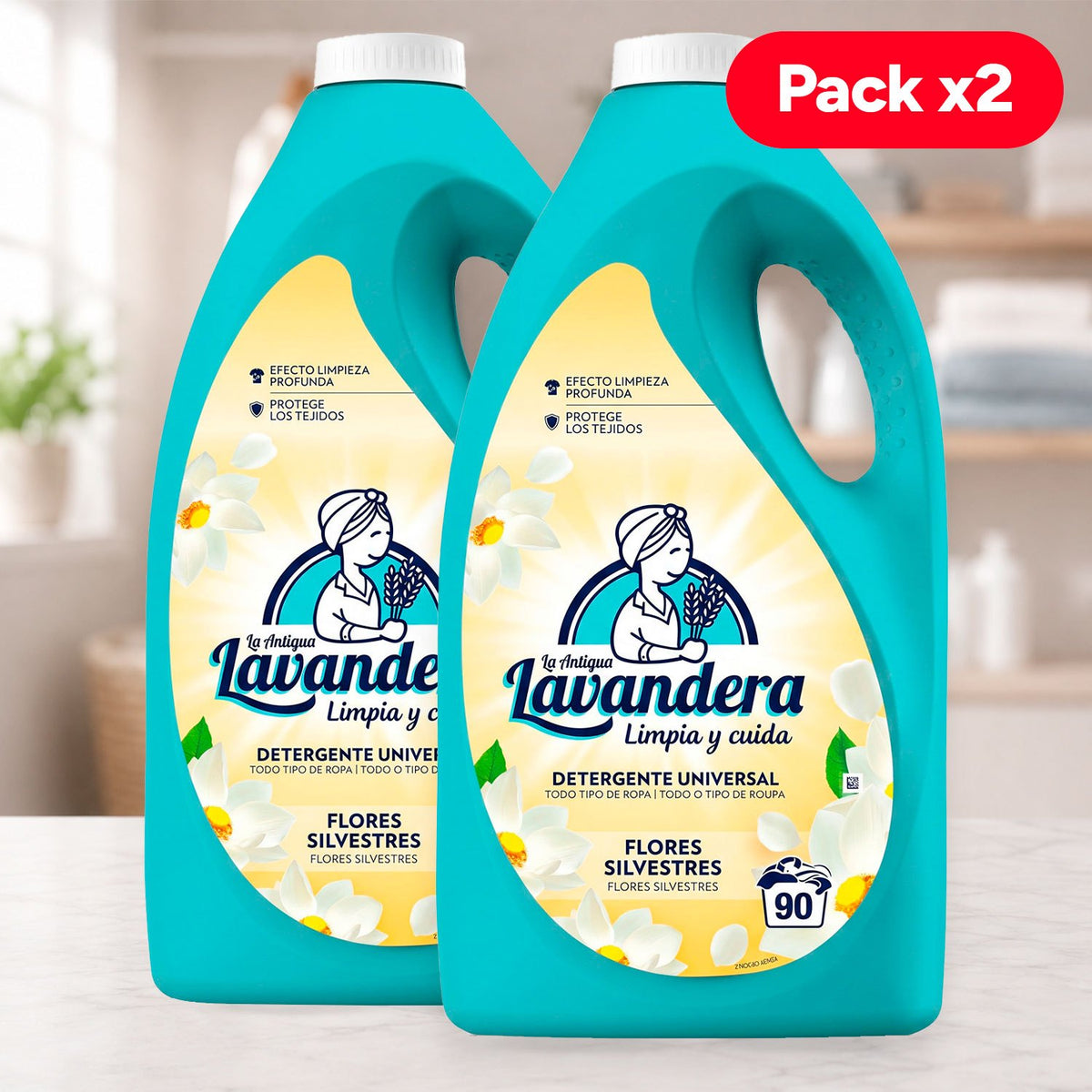 La Antigua Lavandera Detergente Líquido para Ropa, Aroma Flores Silvestres, Pack de 2 Botellas de 90 Lavados Cada Una, 180 Lavados en Total