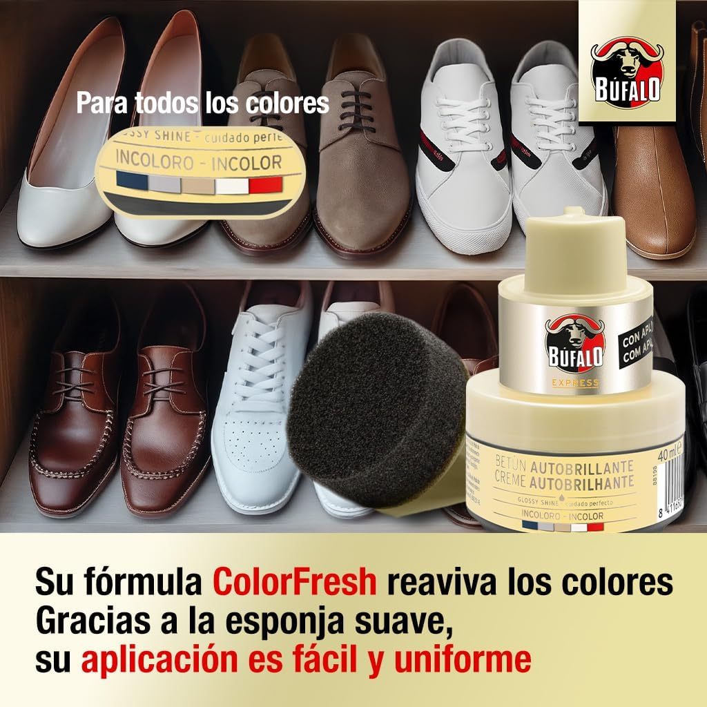 Búfalo Betún Calzado Autobrillante Incoloro, Crema para Zapatos, Aporta Brillo, Esponja Integrada, 40 ml