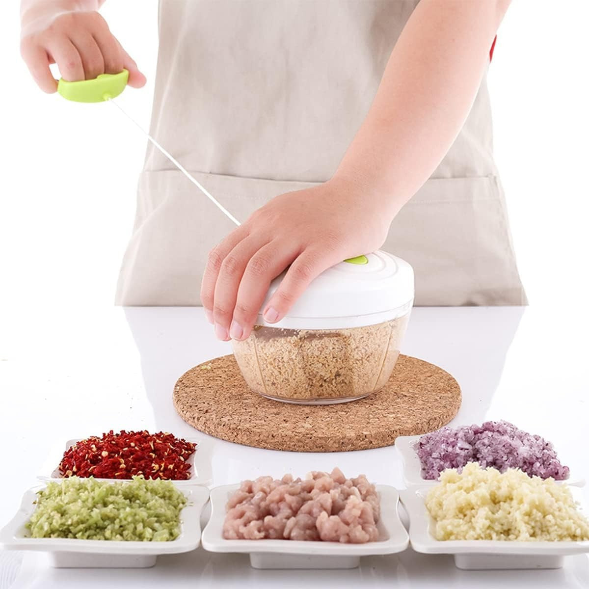 Picadora de Alimentos, Picadora Manual de Cocina, 450ml de Capacidad, Trocea, Mezcla, Machaca y Muele, Triple Cuchilla de Acero, Resistente, Fácil de Limpiar, Perfecto para Fruta, Verdura, Carne, Hierbas