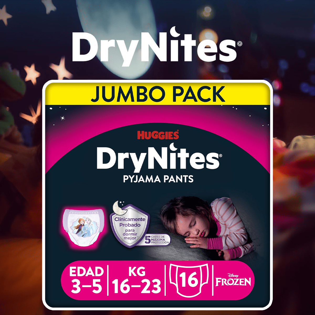 HUGGIES Dry Nites Bragas Absorbentes Niña, Clínicamente Probado con 5 capas de Máxima Protección Nocturna, Hasta un 100% de Noches Secas, Diseñados para parecer y sentirse como Ropa Interior de verdad, Pañales de Noche