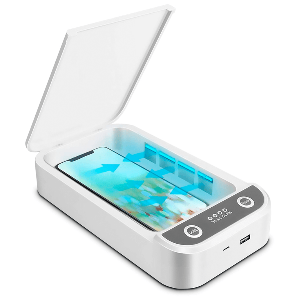Caja Esterilizadora UV con Función de Aromaterapia, Desinfección UV en 5 Minutos, 2 Bombillas UV para Limpieza Completa 360º, Carga USB, Portátil y Facil de Usar, Para Móviles de hasta 6,5¨