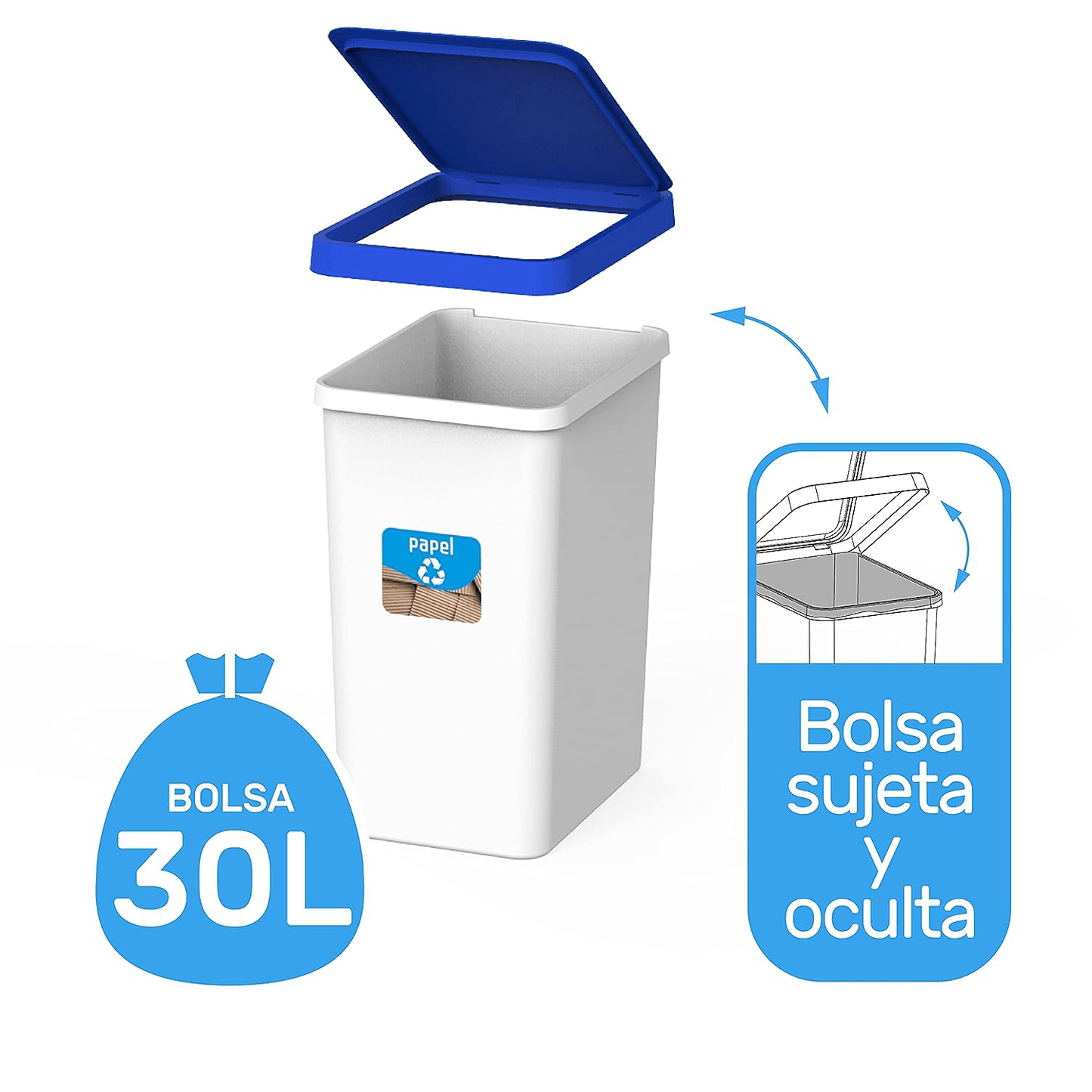 Cubo Basura Cocina de Plástico Resistente, 30L, Cubos de Basura Reciclaje