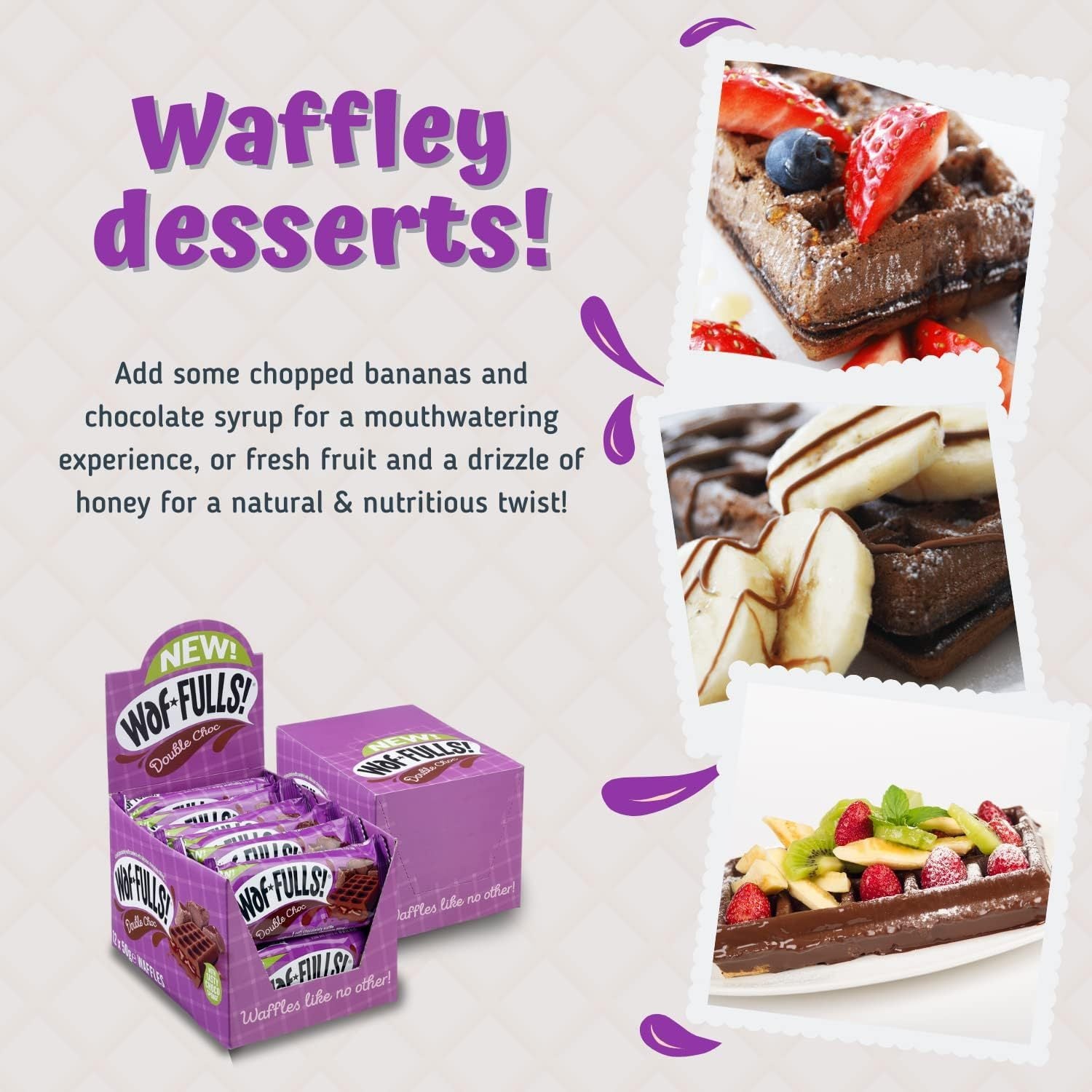 WafFULLS! Gofres de Doble Chocolate, 12 Gofres para Picoteo, Desayuno y Merienda, Barritas Esponjosas de Chocolate, Gofres Envueltos Individualmente Listo para Comer, Caja con 12 Gofres