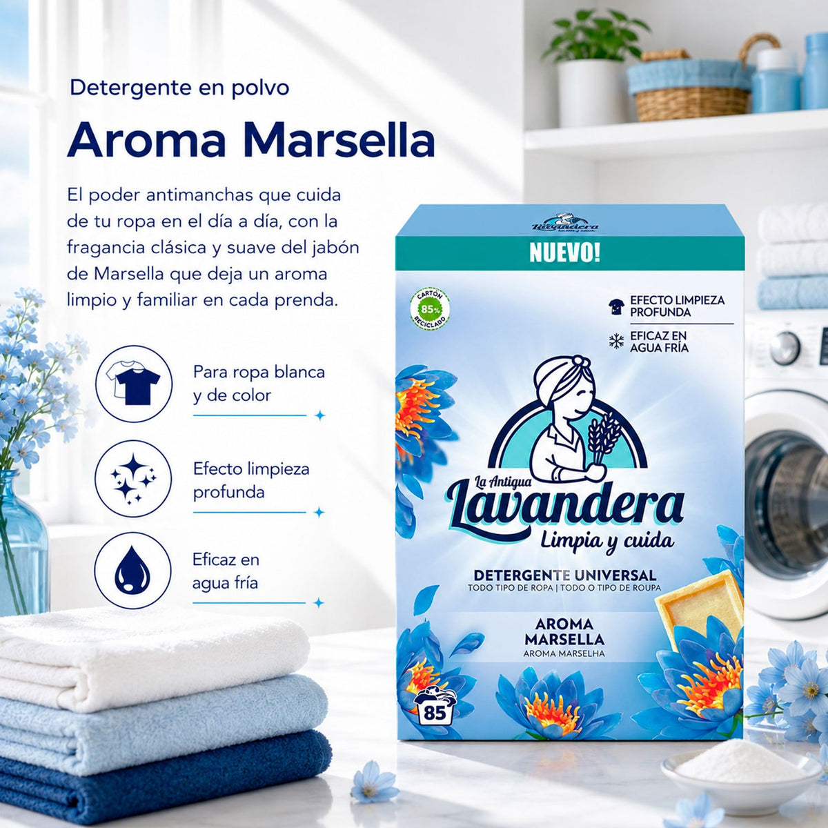 La Antigua Lavandera Detergente en Polvo para Ropa, Aroma Marsella, 85 Lavados