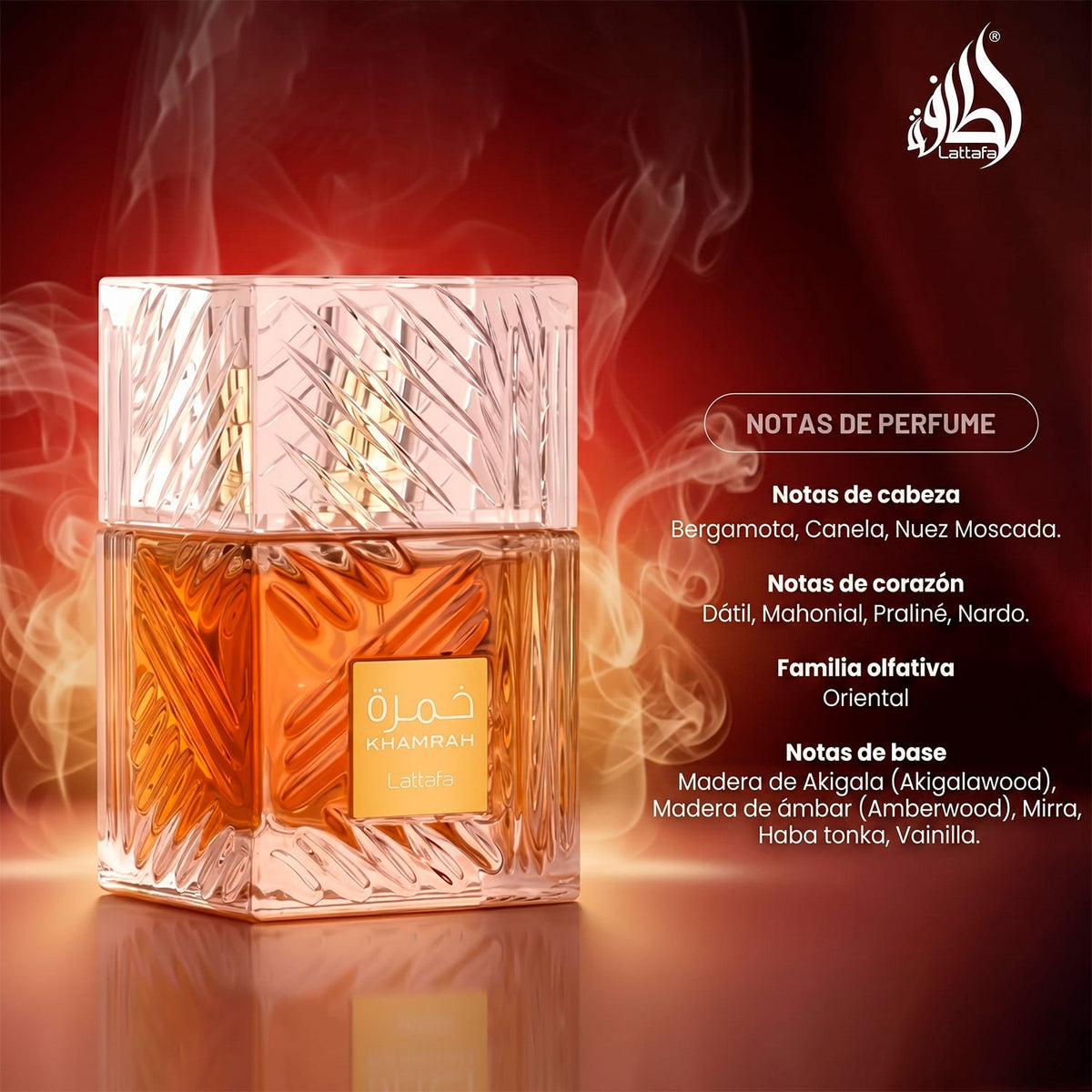 Lattafa Khamrah Eau de Parfum, Perfume Árabe Unisex con Aroma Cálido y Envolvente, Notas Dulces, Especiadas y Amaderadas de Larga Duración, 100 ml