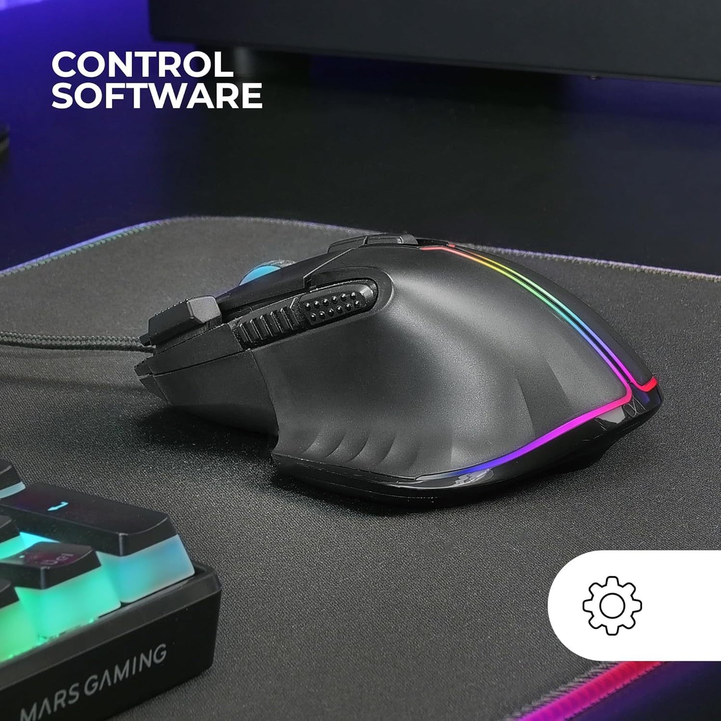 Mars Gaming MM-XT, Ratón Gaming RGB, Diseño Ergonómico con Reposa Pulgar, Sensor Óptico 12800DPI, 9 Botones Configurables, Switches Huano, Software de Control, Compatibilidad Multiplataforma, Negro
