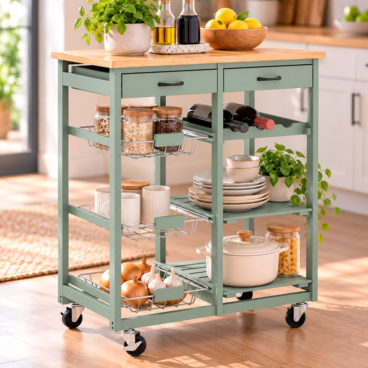 Carro Auxiliar de Cocina de Madera con Ruedas, Carrito Organizador con 2 Cajones, Estantes y Cestas Extraíbles, Diseño Multifuncional para Almacenamiento y Servicio, Verde, 68 x 37 x 75 cm