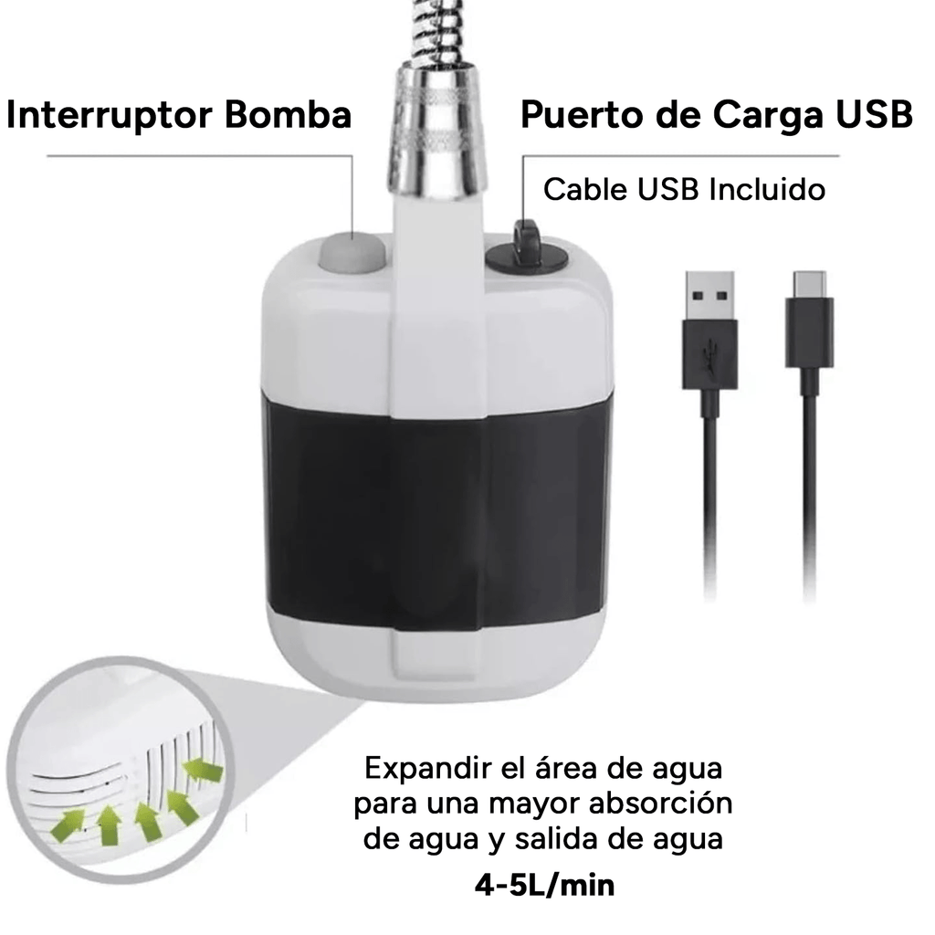 Ducha Portátil Camping Ideal para Viajes, Acampadas, Exteriores y Jardín, 150cm de Manguera, Incluye Cable de Carga USB y Soporte, Ahorra Agua, Potencia de Larga Duración, Compacta, Resistente y Fácil de Transportar, Resistencia al Agua IPX7