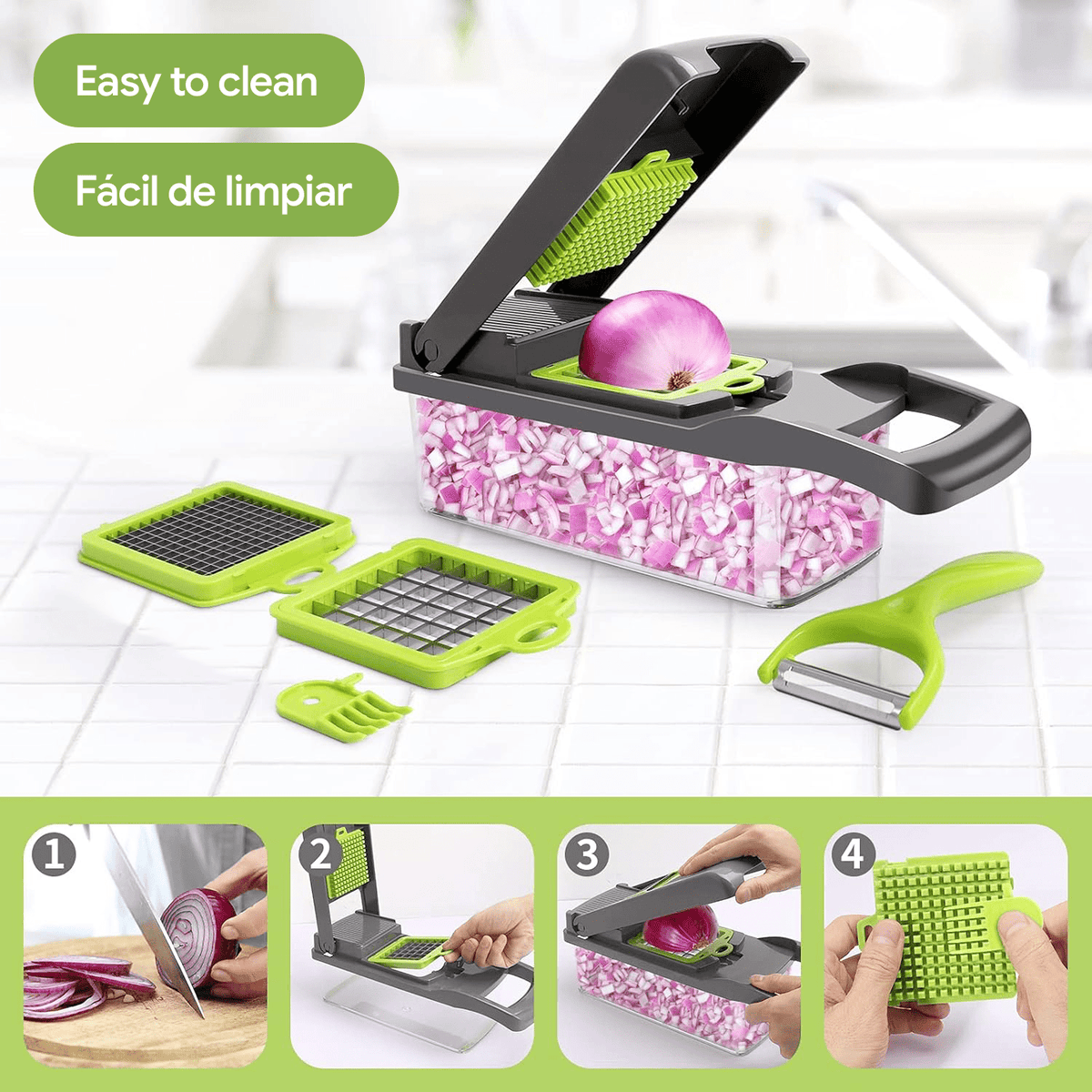 Cortador Verduras Manual Multifuncional, Múltiples Accesorios y Cuchillas, Incluye Recipiente, Pelador y Filtro, para Preparación Fácil de Comidas, Cortador Profesional para Verduras y Frutas