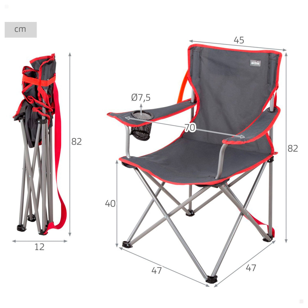 AKTIVE Silla de Camping Plegable para Playa, Pesca y Exteriores con Apoyabrazos y Portavasos Integrado, Capacidad de hasta 110 kg, 45x47x82 cm, Gris Marengo con Rojo