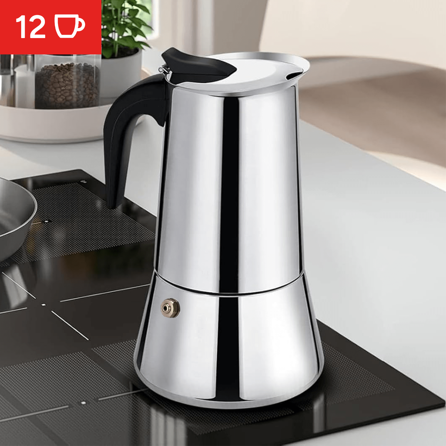 Cafetera Italiana 12 Tazas, Hecha de Acero Inoxidable, Mango Antiquemaduras, Compatible con Vitrocerámica, Gas, Inducción y Eléctrico, Capacidad de 700 gr de Café, Hasta 12 Tazas de Café, Fácil Limpieza