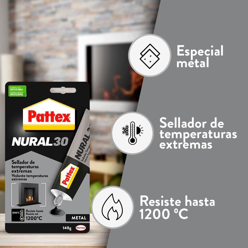 Pattex Nural 30 Sellador para Temperaturas Extremas, Sellador de Juntas Resistente a Altas Temperaturas, Pegamento Especial para Estufas y Chimeneas, 140g