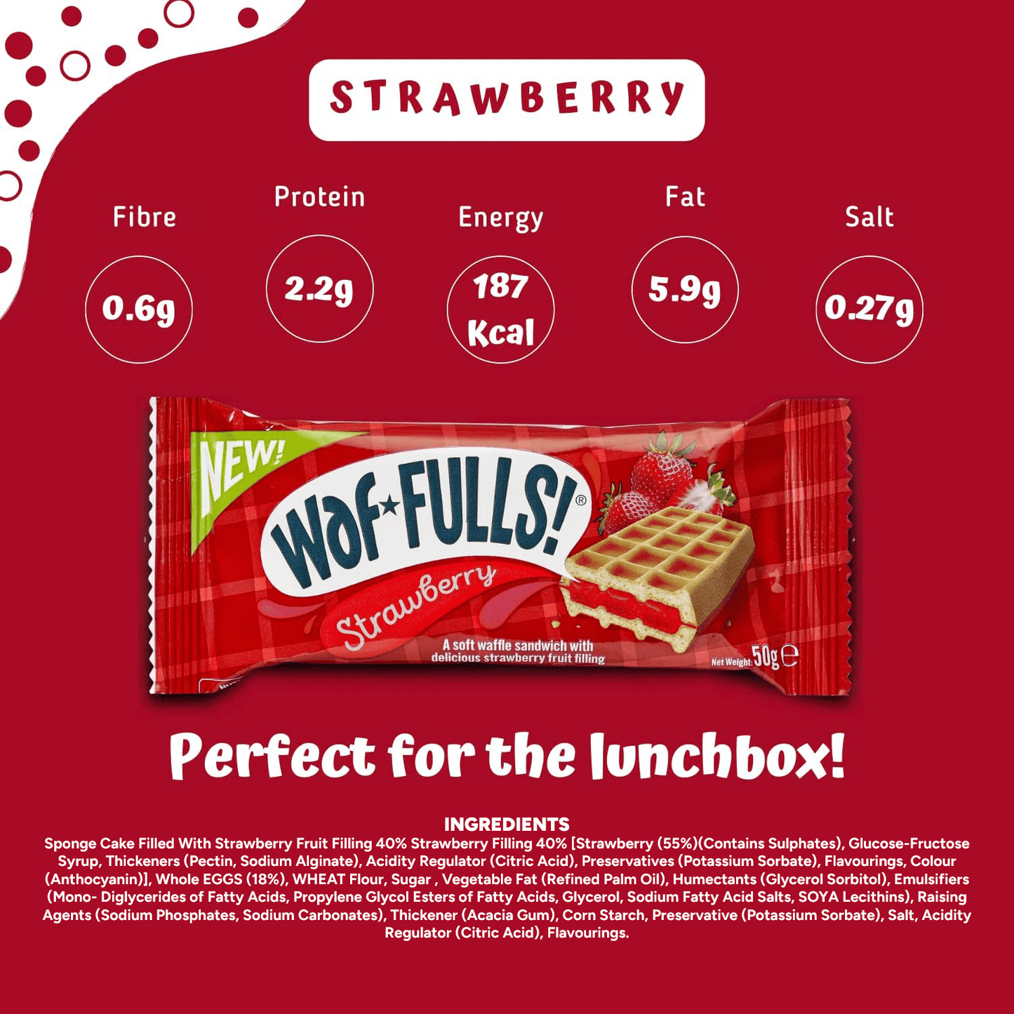 WafFULLS! Gofres de Fresa, 12 Gofres para Picoteo, Desayuno y Merienda, Barritas Esponjosas Rellenas de Crema de Fresa, Gofres Envueltos Individualmente Listo para Comer, Caja con 12 Gofres