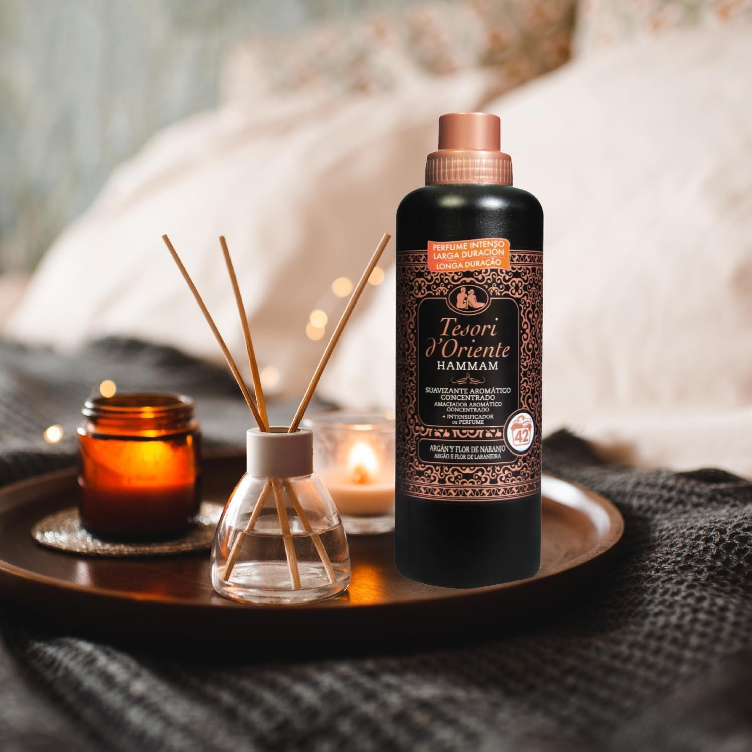 Tesori d'Oriente, Perfumador y Suavizante de Ropa Líquido Concentrado para Lavadora Hammam, Aroma de Argán y Flor de Naranjo, Microcápsulas para Fragancia Duradera, Facilita el Planchado, 760ml - 42 Lavados por Botella