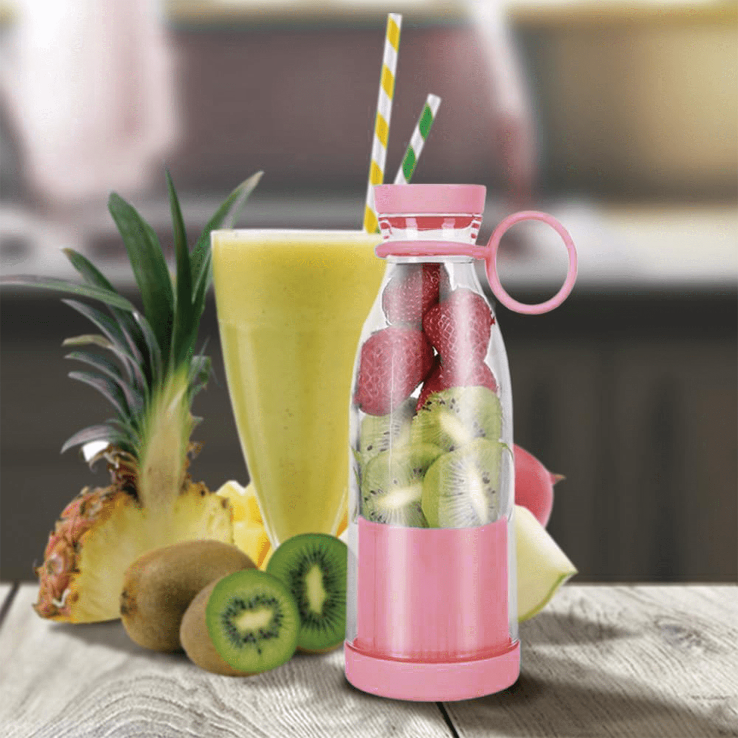 Botella Batidora de 300ml, 6 Cuchillas de Acero, Batería de 1200mAh, Cable de Carga USB, 40W de Potencia, Perfecto para Uso Diario y para Llevar, Para todo Tipo de Frutas y Verduras