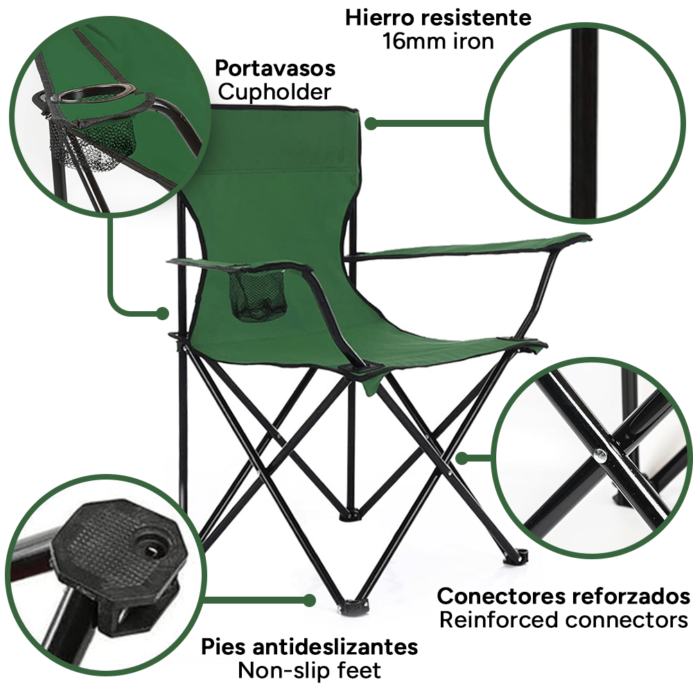 Silla Plegable Camping con Respaldo y Apoyabrazos, Ideal para Picnic, Pesca y Exterior, Resistente y Compacta, Soporta 120 kg, 50x50x80 cm, Verde
