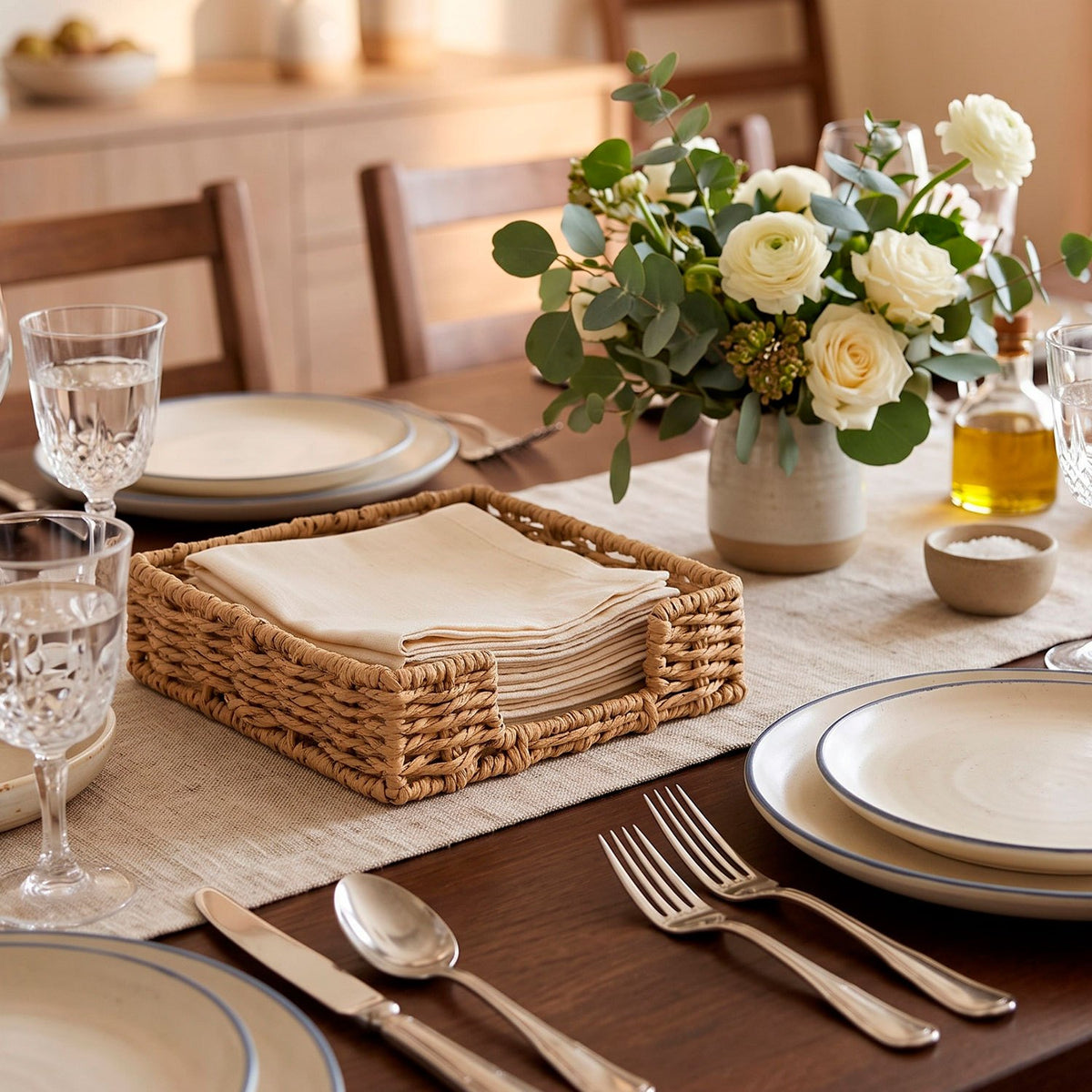 Servilletero de Mesa Tejido, para Organizar Servilletas en Cocina y Comedor, Diseño Decorativo de Estilo Natural, Color Beige, 18 x 18 x 5 cm