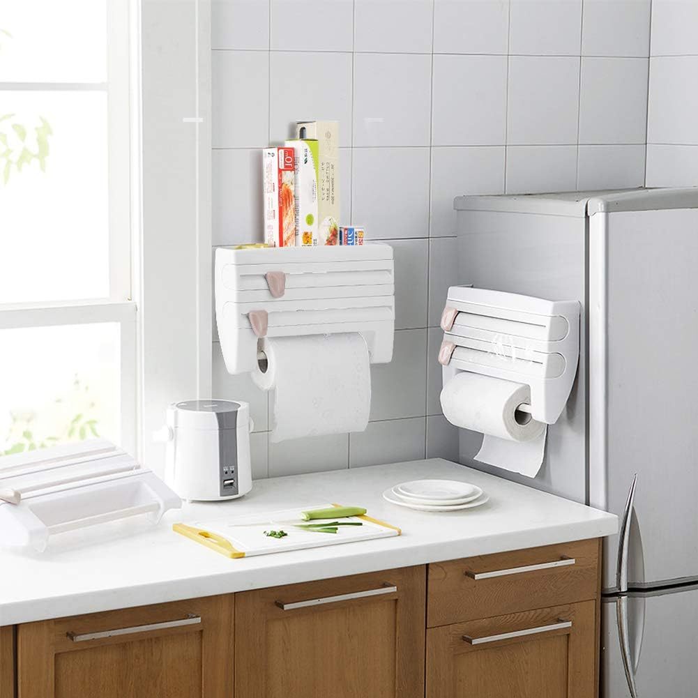 Portarrollos Papel Cocina, Estante de Almacenamiento de Cocina Montado en Pared, 2 Cortadores Incorporados, Dispensador de Plástico para Envolver, Dispensador de Papel de Aluminio, Soporte para Toallas de Papel, Soporte de Rollos de Cocina