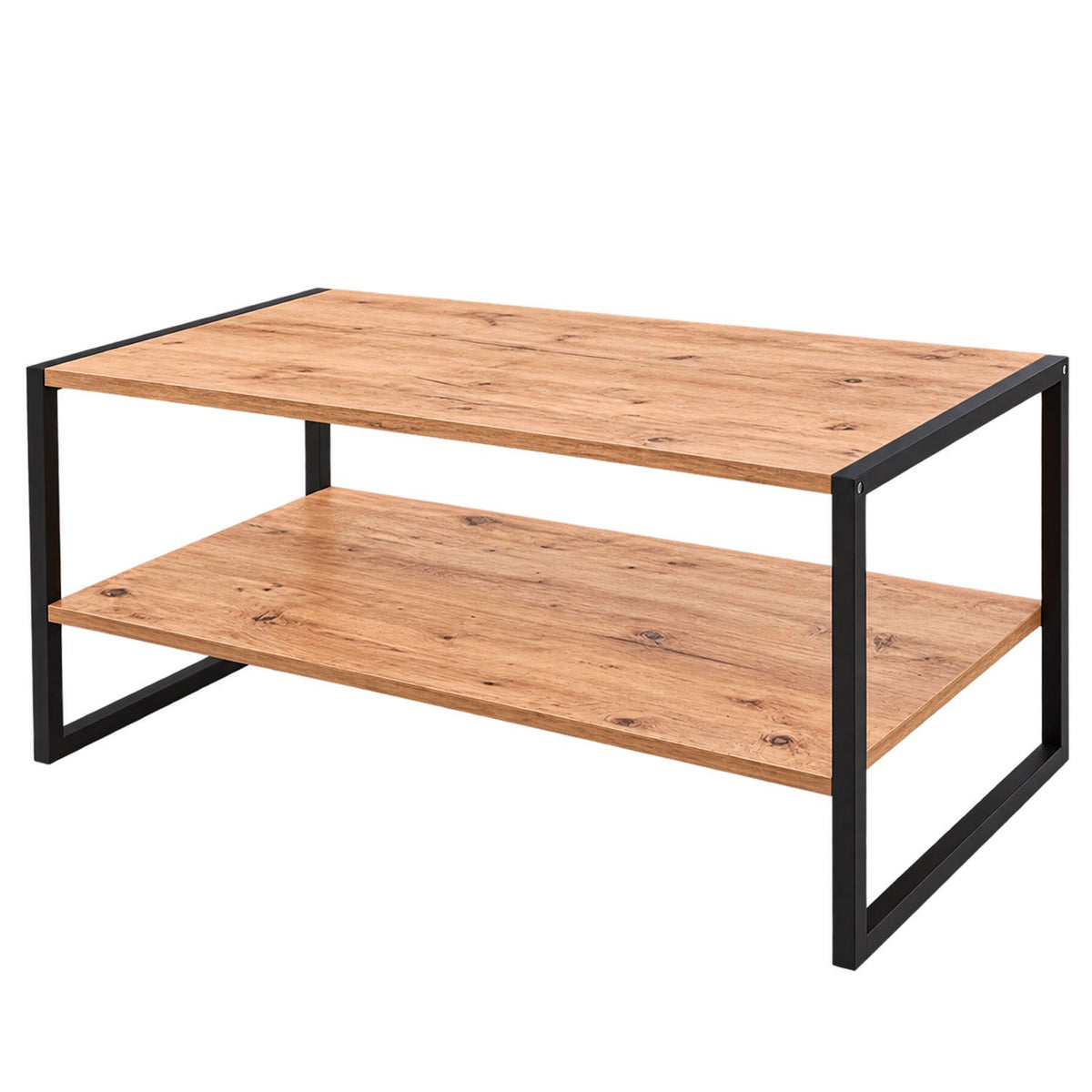 Mesa de Centro de Madera y Metal, para Salón y Sala de Estar, Diseño Rectangular con Estante Inferior para Almacenamiento, Acabado Madera con Estructura Negra, 90 x 50 x 50 cm