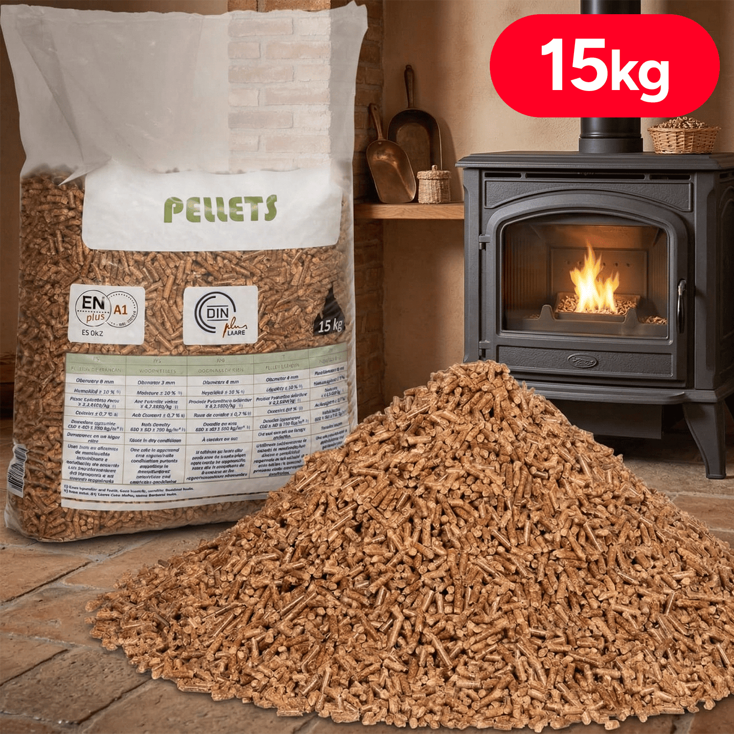 Pellets de Madera 15 kgs, Madera Reciclada y Biomasa para Estufas de Leña y Calderas