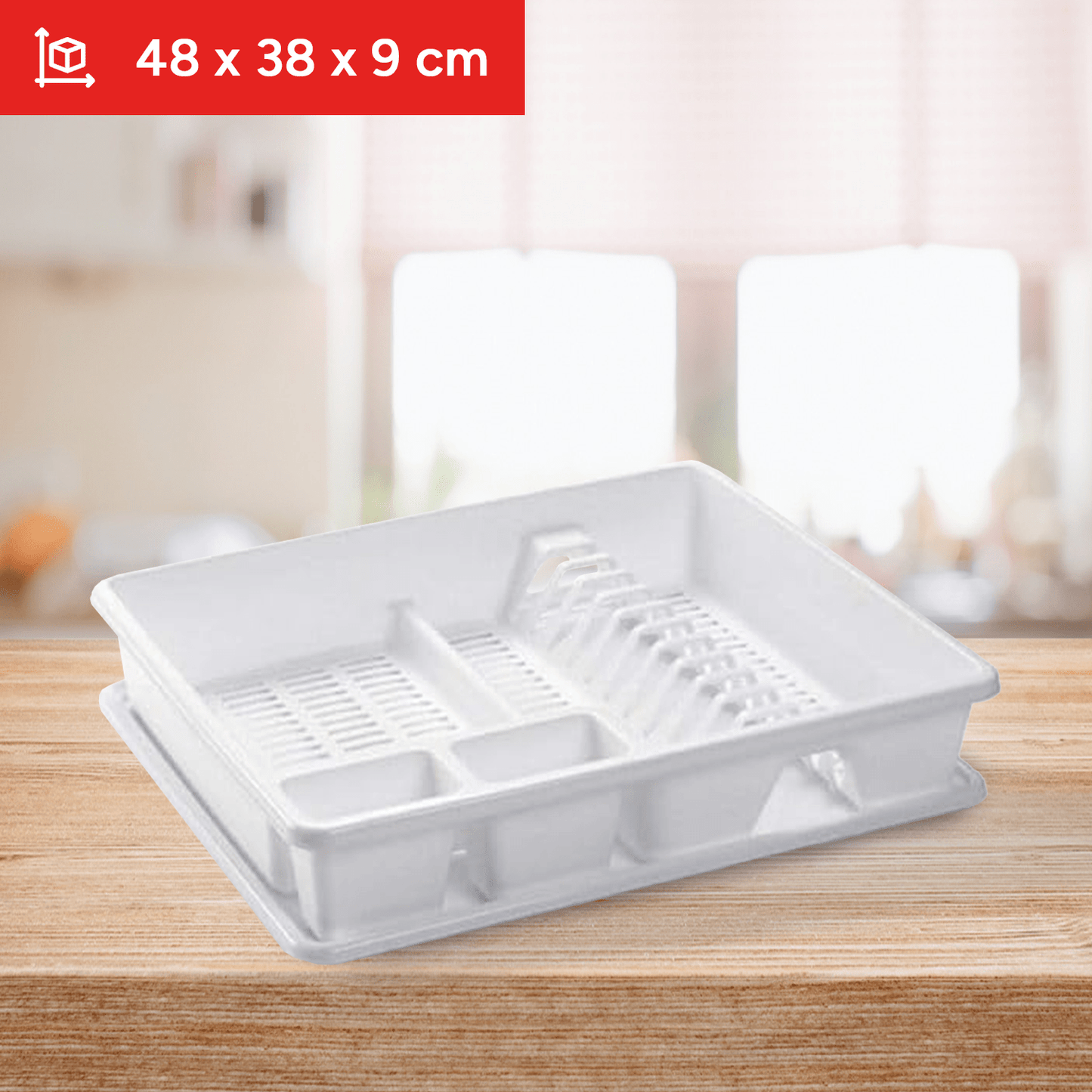 Escurridor de Platos con Bandeja, Escurreplatos Plástico, Escurridor de Platos para Fregadero y Encimera, Plástico Resistente, Forma Compacta para Optimizar Espacio, Gran Capacidad, Múltiples Ranuras y Espacios, 48 x 38 x 9 cm