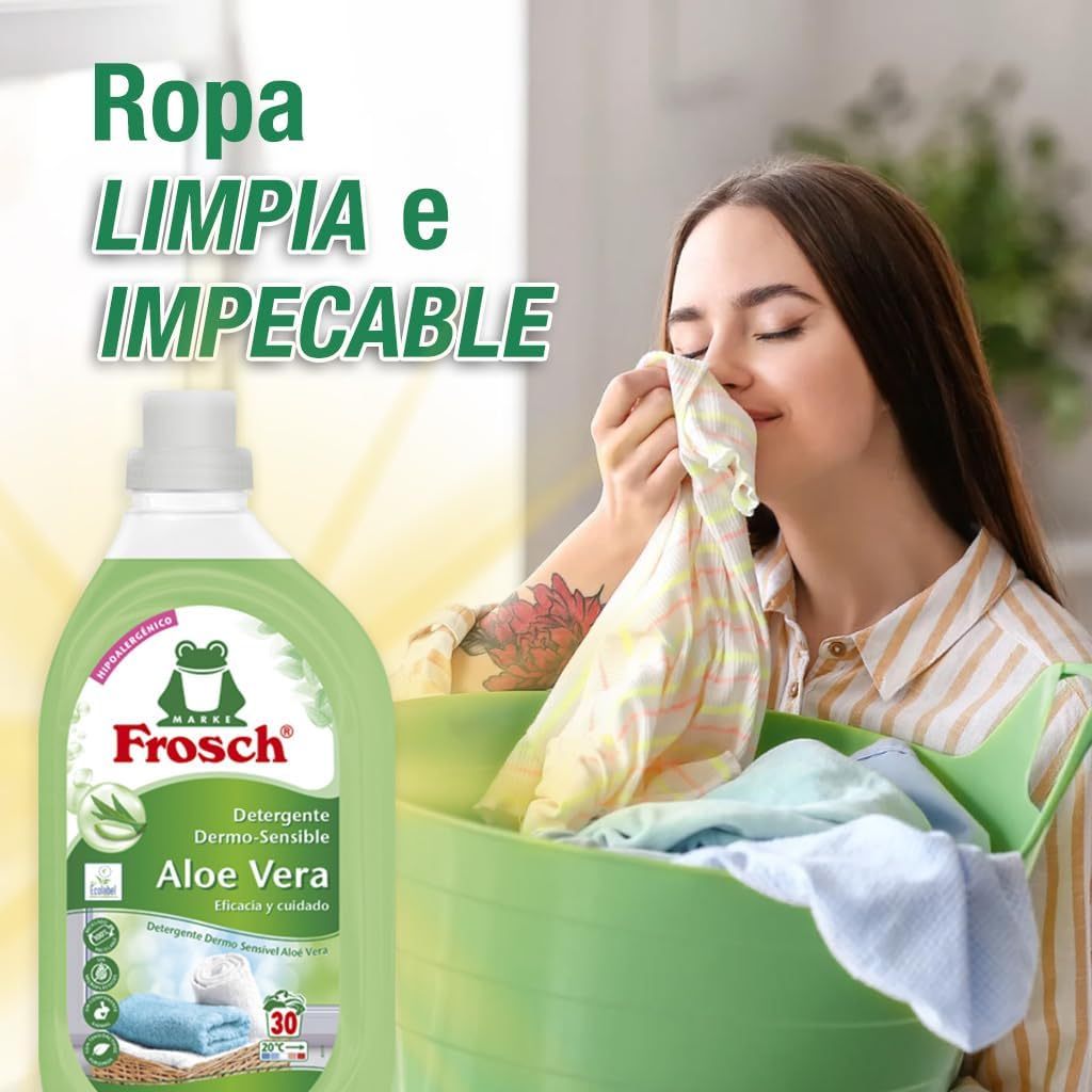 Frosch Detergente para Lavadora Líquido Concentrado, Detergente de Aloe Vera, Ropa Limpia e Impecable en el Lavado, Apto para Todo Tipo de Tejidos menos Lana y Seda, 1.5 L