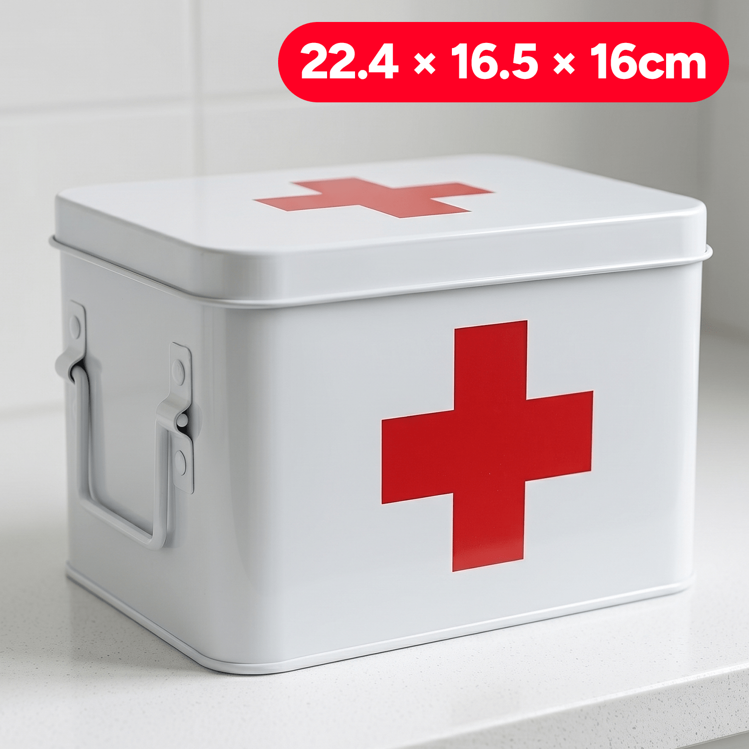 Botiquin Metal de Gran Capacidad, Múltiples Compartimentos, Bandeja Desmontable con Cierre, Asas Laterales para Fácil Transporte, 22.4 x 16.5 x 16cm