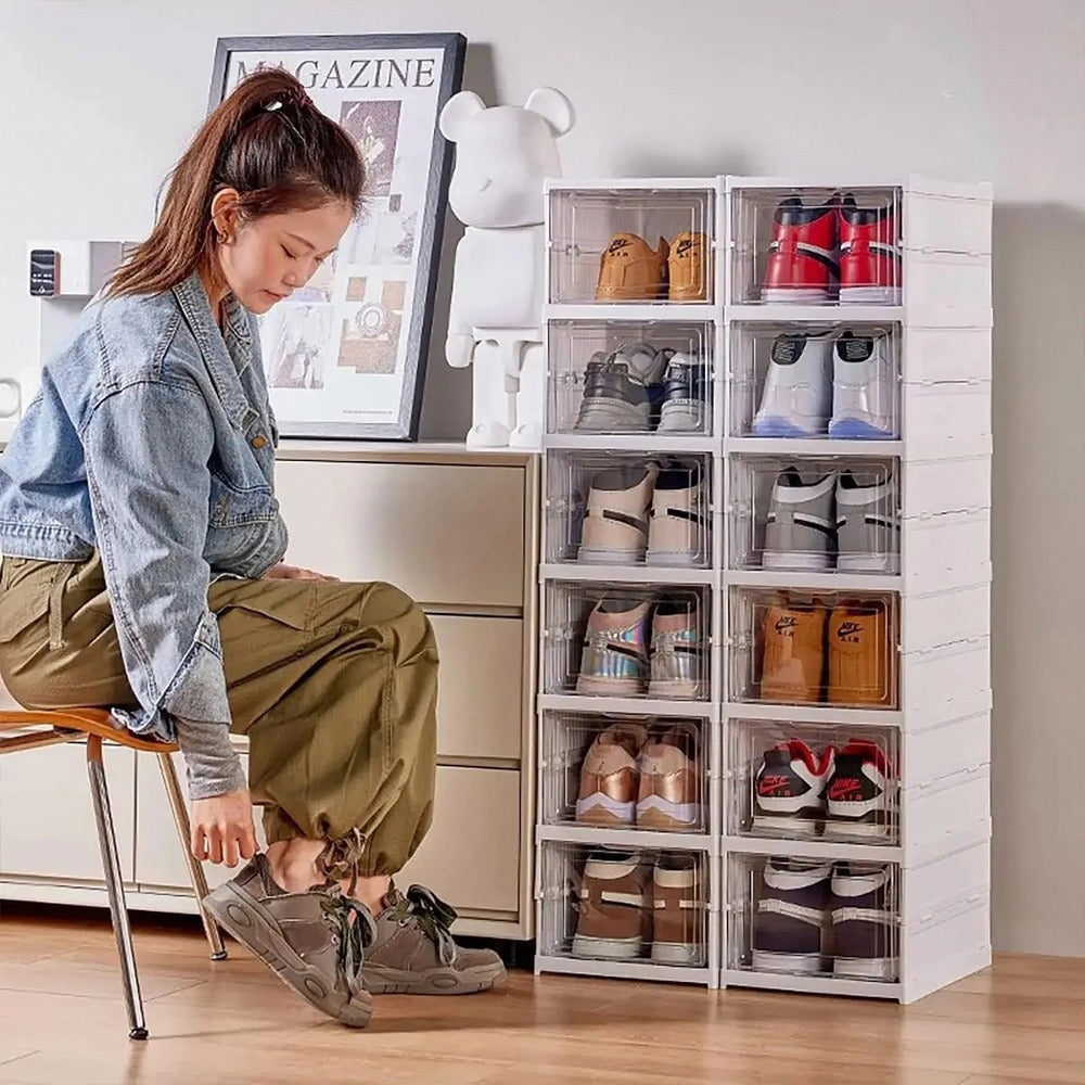 Zapatero Apilable de 6 Niveles para Zapatos, 6 Módulos para Organizar Calzado, Almacenamiento de Plástico a Prueba de Polvo con Tapa para Dormitorio y Sala de Estar, Resistente, Montaje Fácil y Rápido, Medidas Montado: 105 x 34,5 x 25,5 cm