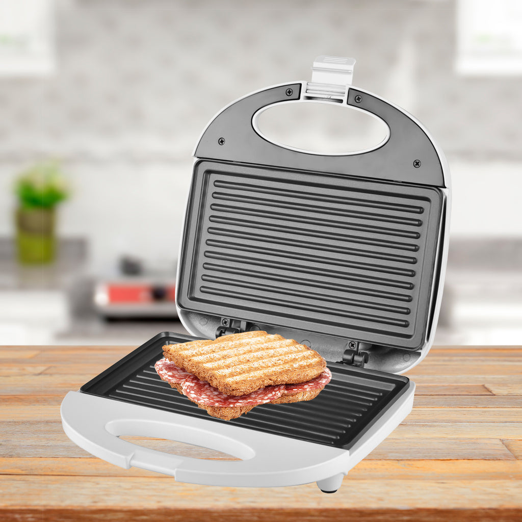 Sandwichera Electrica 750W, Tostadora con Revestimiento Antiadherente de Fácil Limpieza, Placa Forma Grill, Indicador LED, Exterior Frío al Tacto, Patas de Plástico Antideslizantes