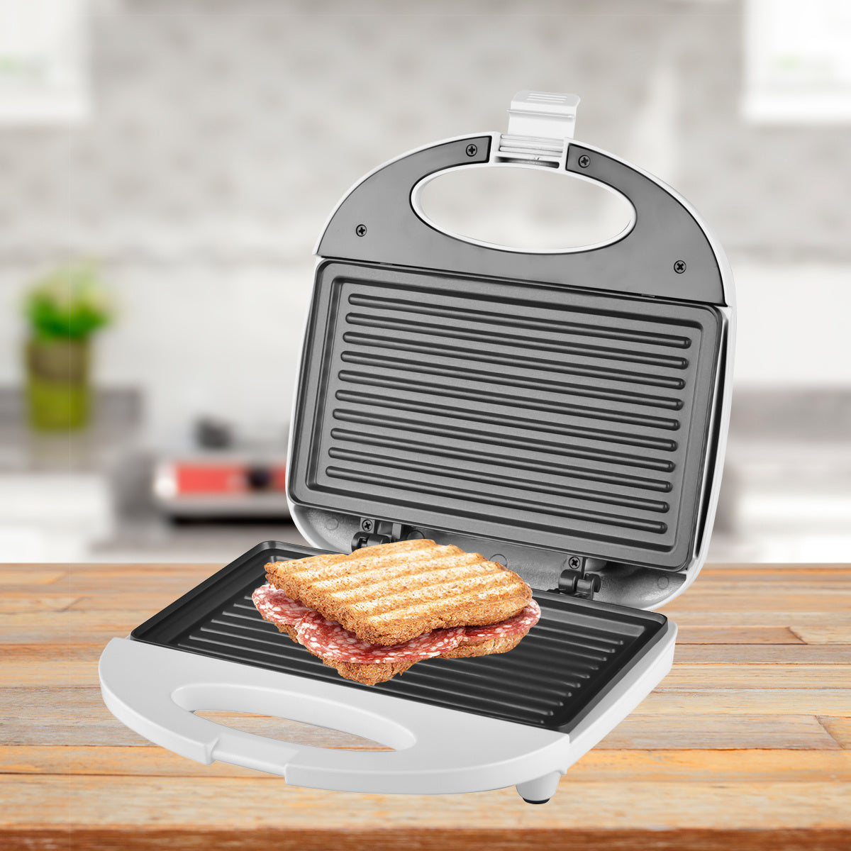 Sandwichera Electrica 750W, Tostadora con Revestimiento Antiadherente de Fácil Limpieza, Placa Forma Grill, Indicador LED, Exterior Frío al Tacto, Patas de Plástico Antideslizantes