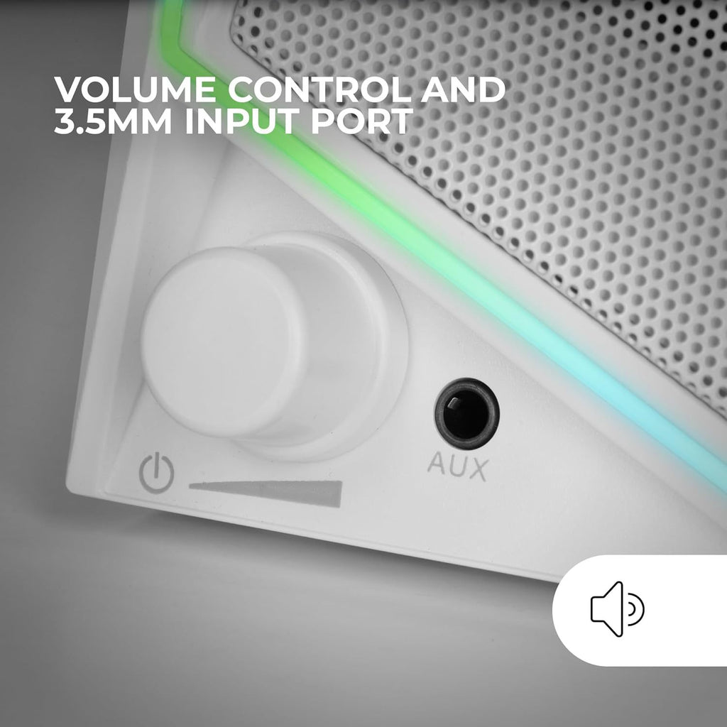 Mars Gaming MS72, Altavoces Gaming 15W, Iluminación RGB Flow, 2 Drivers Activos, Chipset DSP, Conexión Plug&Play USB y Jack 3.5mm, Rueda Control de Volumen y Puerto de Audio para Auriculares, Blanco