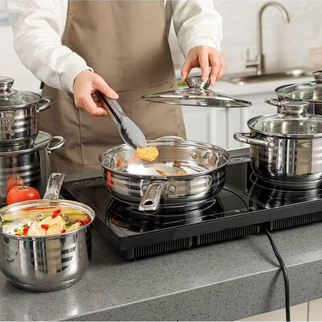 Batería de Cocina 12 Piezas, Juego de Ollas, Cazo y Sartén de Acero Inoxidable, Tapas Incluidas, Apto para Lavavajillas, Apto para Cocina Eléctrica, Gas, Vitrocerámica e Inducción