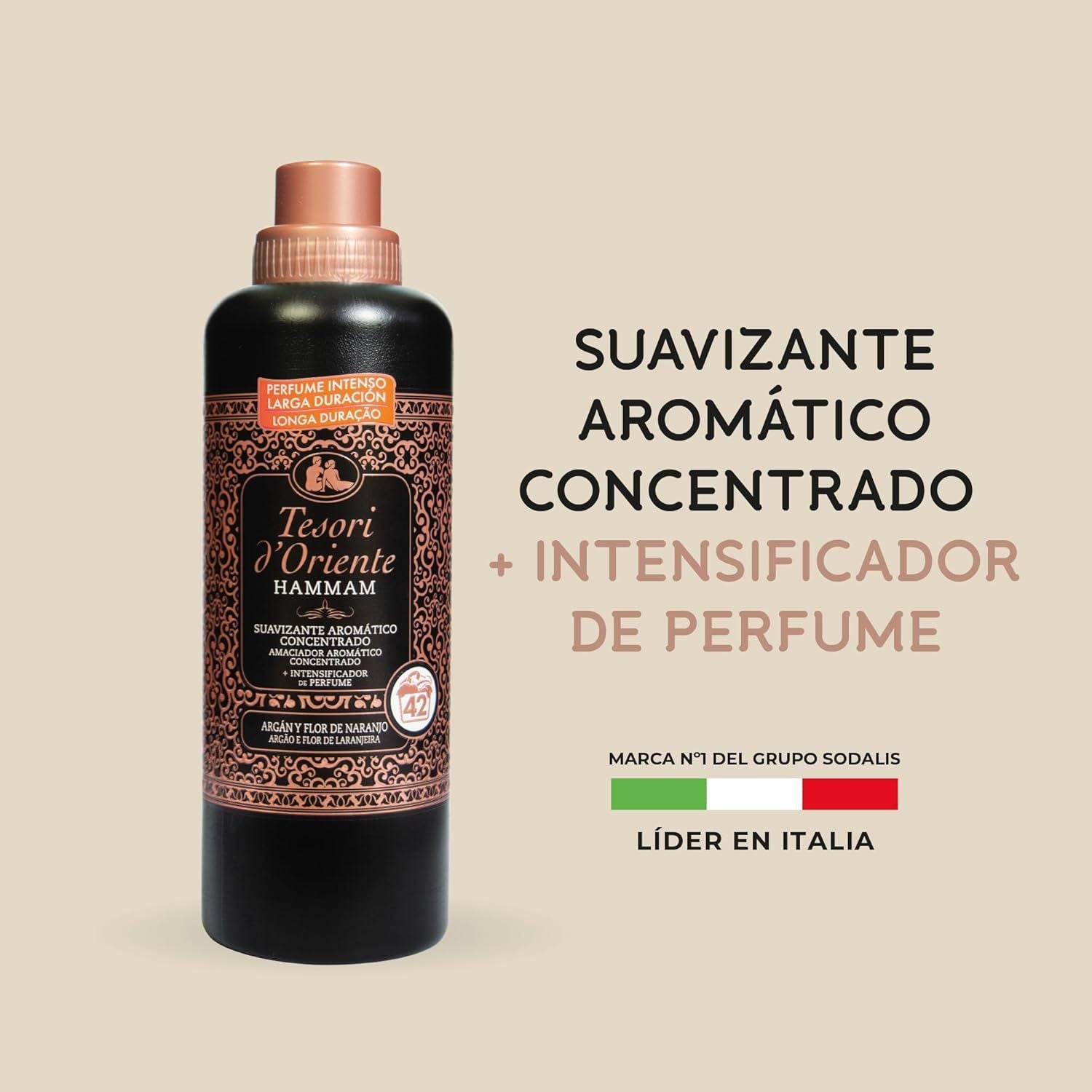 Tesori d'Oriente, Perfumador y Suavizante de Ropa Líquido Concentrado para Lavadora Hammam, Aroma de Argán y Flor de Naranjo, Microcápsulas para Fragancia Duradera, Facilita el Planchado, 760ml - 42 Lavados por Botella